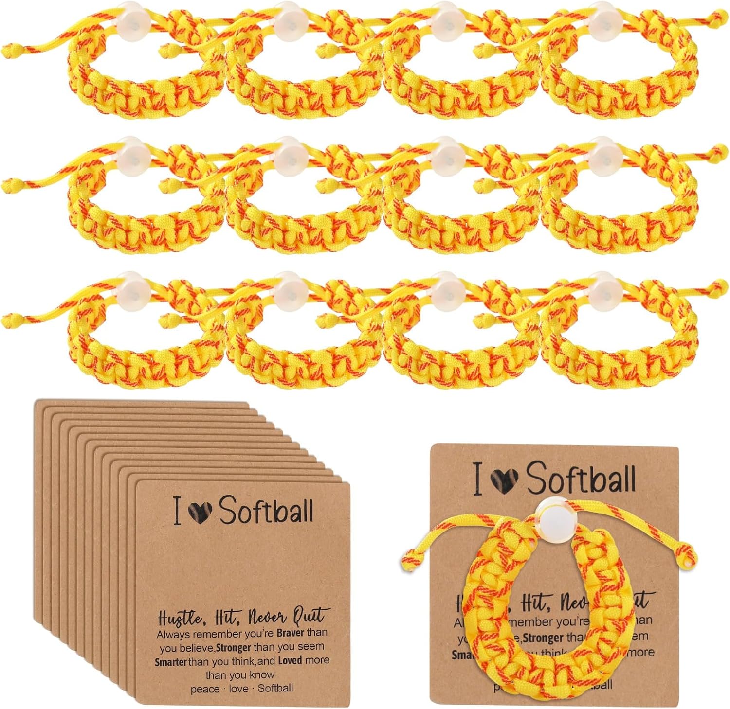 Softball Bracelets, 12 Packs, Adjustable, Inspirational Cards Included, Team Gifts, Party Favors