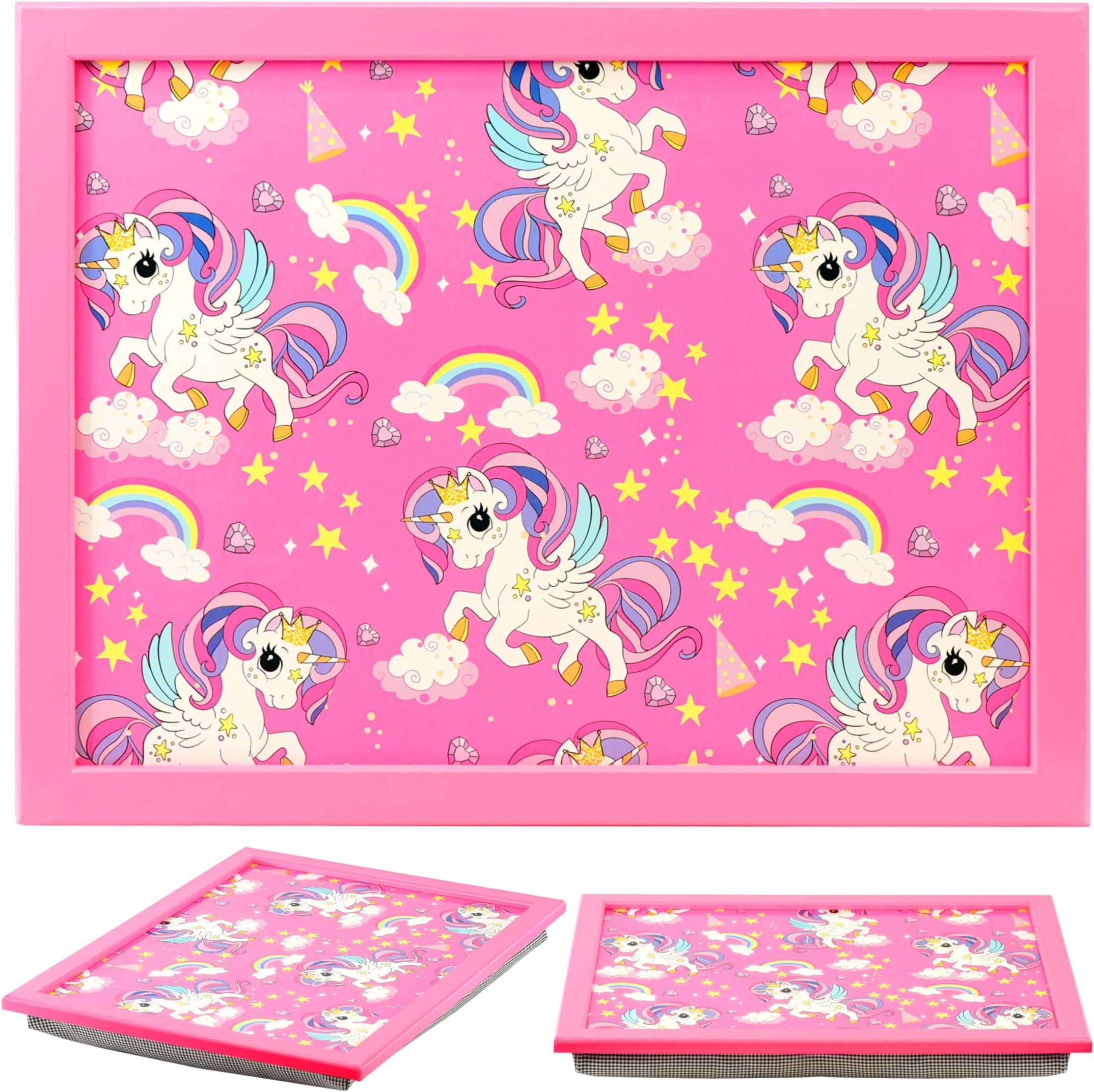 The Magic Toy Shop Wooden Lap Trays with Bean Bag Cushion - Rainbow Unicorns Design - Large Padded Tray for Kids - Suitable for Food, Art, Studies, TV, Sofa, Bed - Fantastic Gift for Girls and Boys