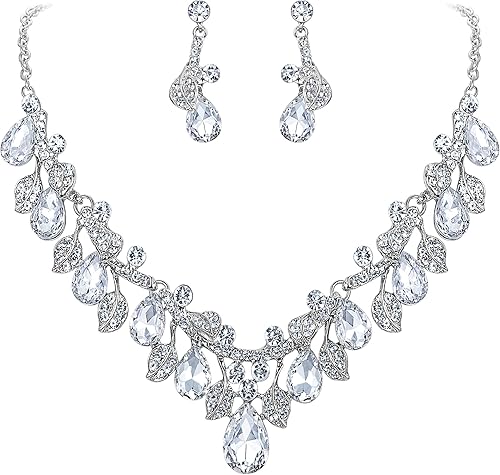 BriLove Juego de collar y pendientes colgantes de cristal para mujer diseño de lágrimas hojas y vides esmaltadas