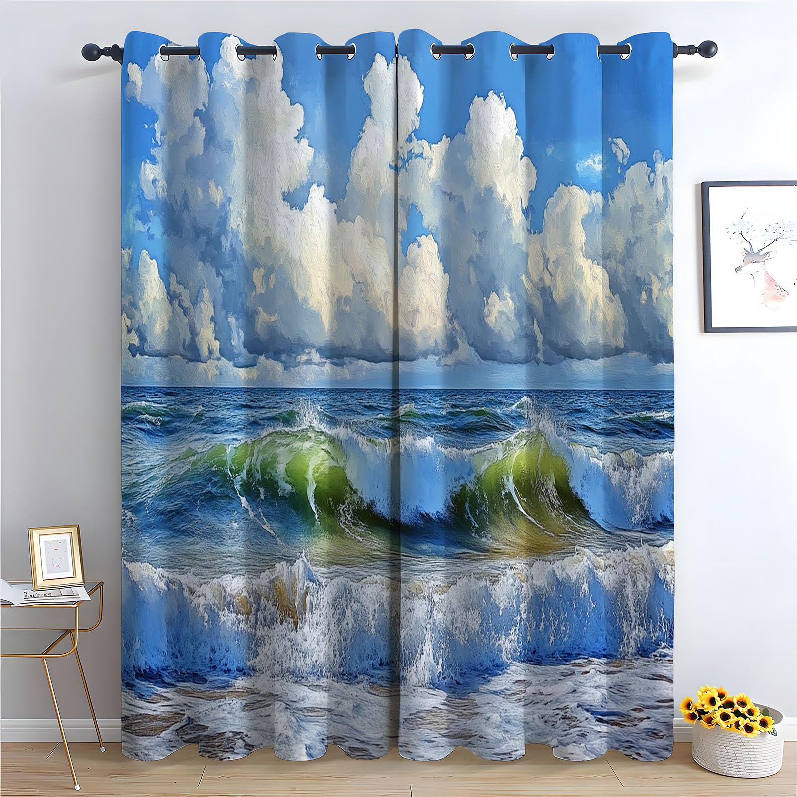 TERUEA Floral Curtains for Living Room Ocean cumulus cloud seascape Floral Printed Room Darkening Curtains for Bedroom,-52" W x 84" L (Pack of 2)