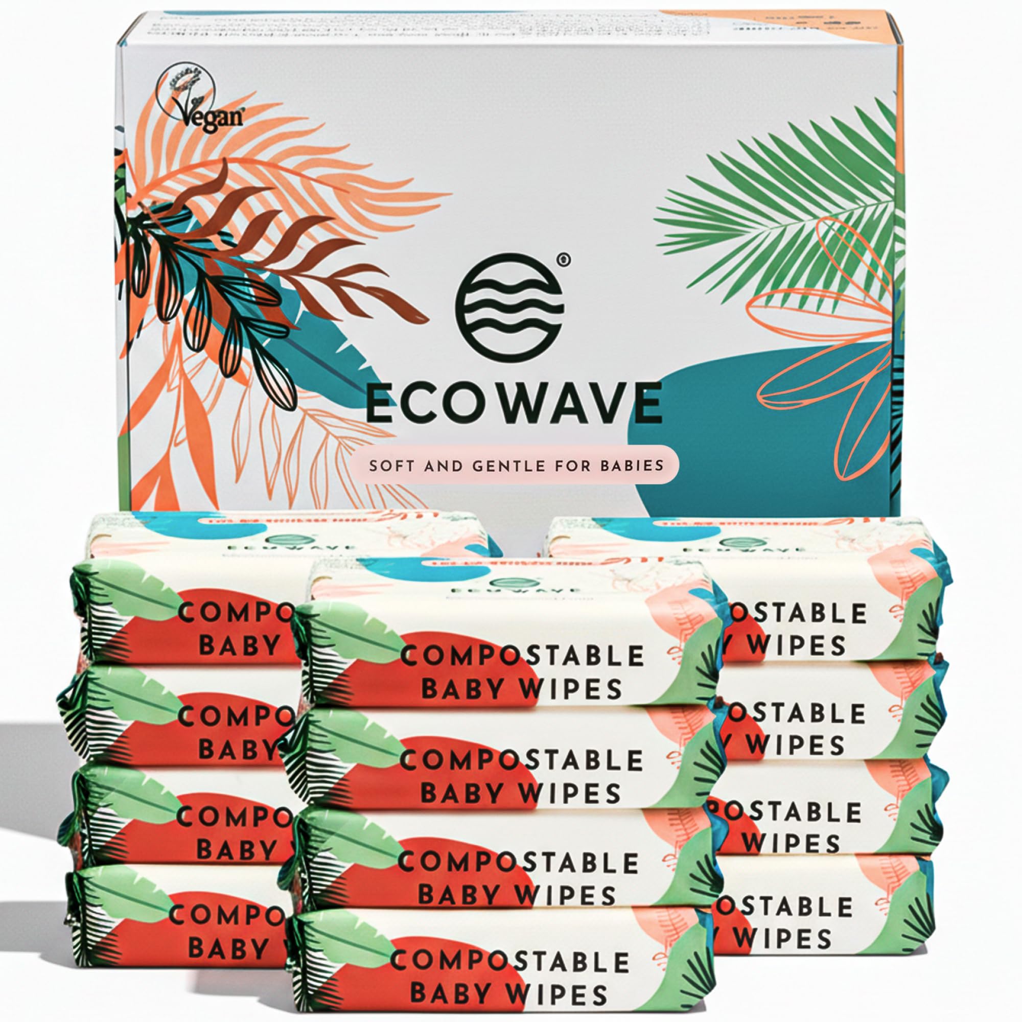 Eco Wave Bamboo Baby Wipes, 100% Biodegradable & Compostable, Unscented, Hypoallergenic, Vegan, Alcohol-Free, 768 Wipes