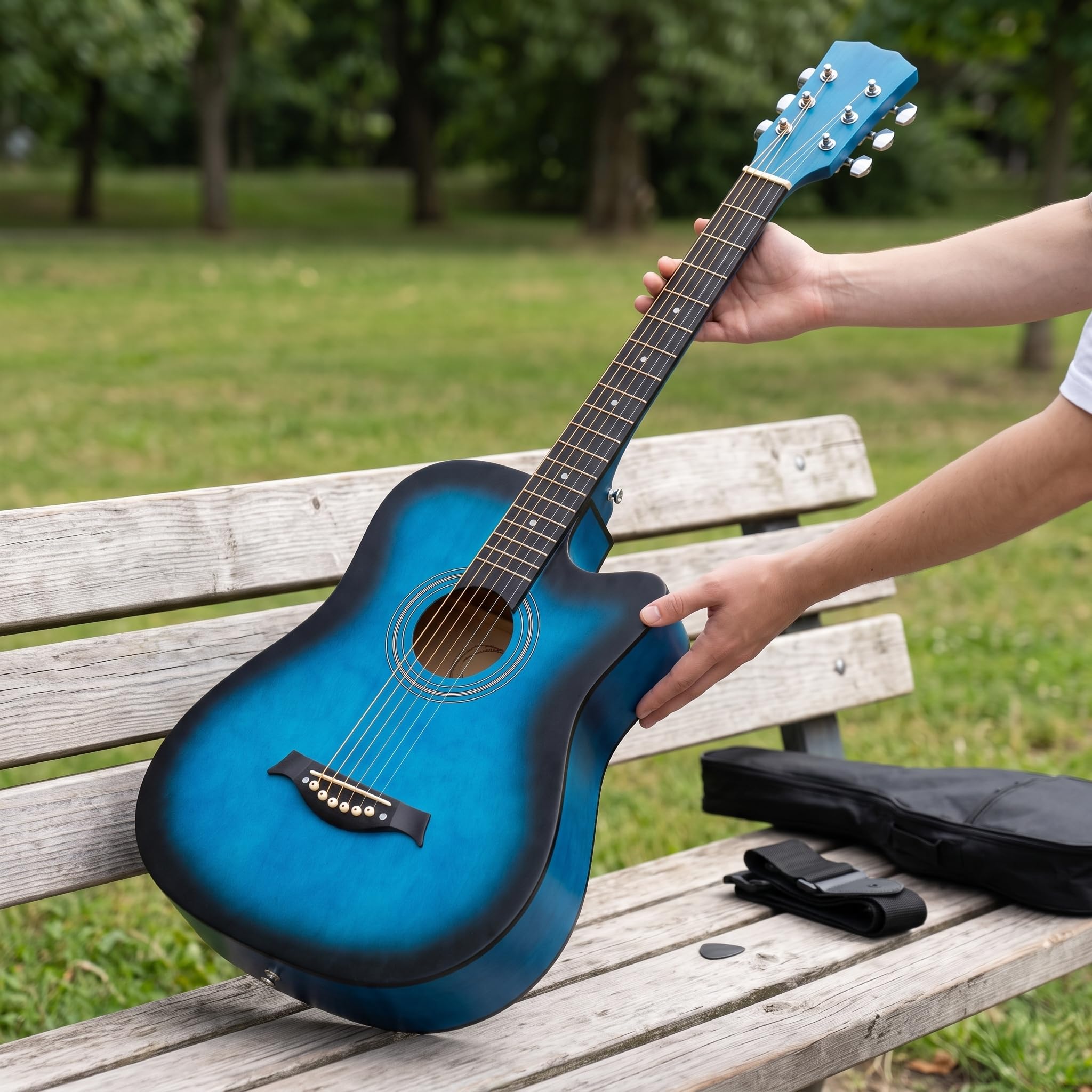 Acustica per Principianti, Kit Completo con 18 Tasti, Strumento Musicale in Legno, Chitarra acustica 38 pollici, colore blu sfumato, con accessori