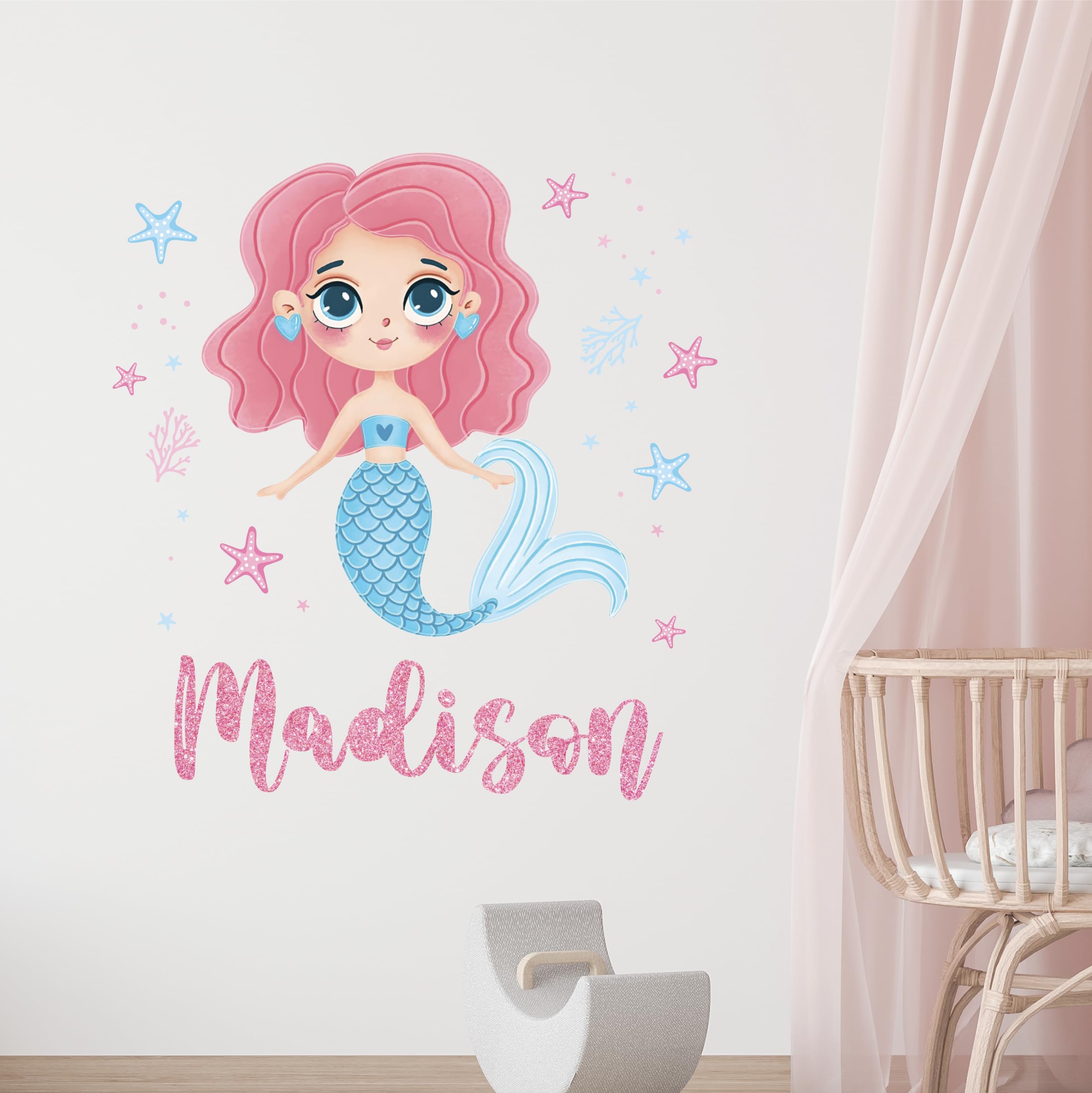 Personalized Mermaid Name Wall Decal For Girl's Room - Custom Glitter Letter Nursery Sticker