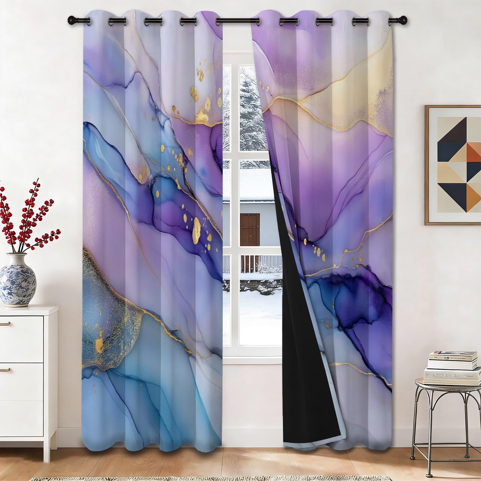 Płynne zasłony z oczkami szer. 117 cm x dł. 137 cm (2 panele), 100% blokujące światło, 240 g/m², miękki materiał zapewniający najwyższą prywatność do pokoju dziewcząt, marzycielski fiolet