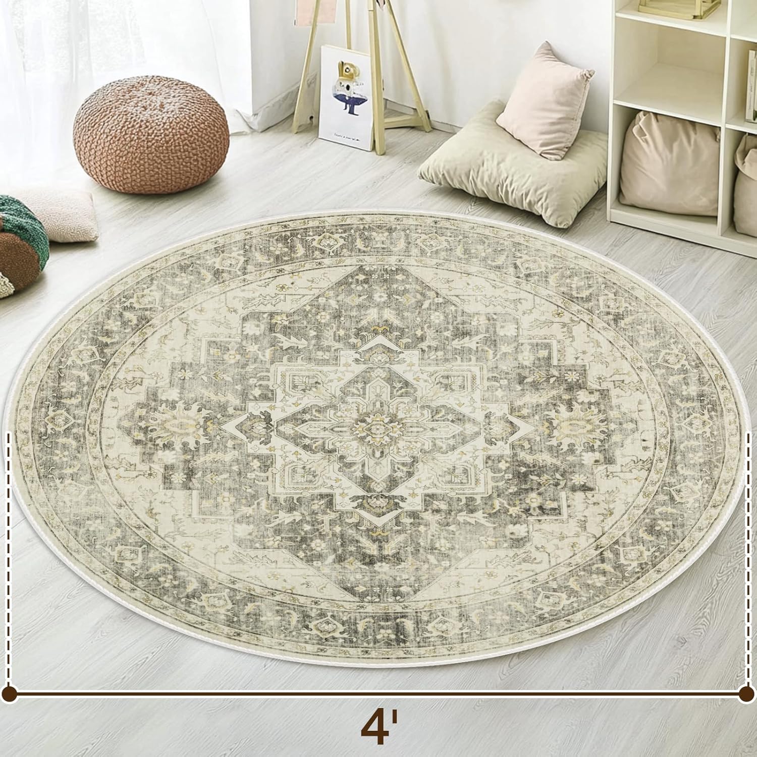 4' Machine Washable Round Area Rug for Living Room, Boho Neutral Floor Rugs for Kids, Non-Slip Low Pile Room Carpet for Bedroom, Dining Room & Nursery(4' Grey)