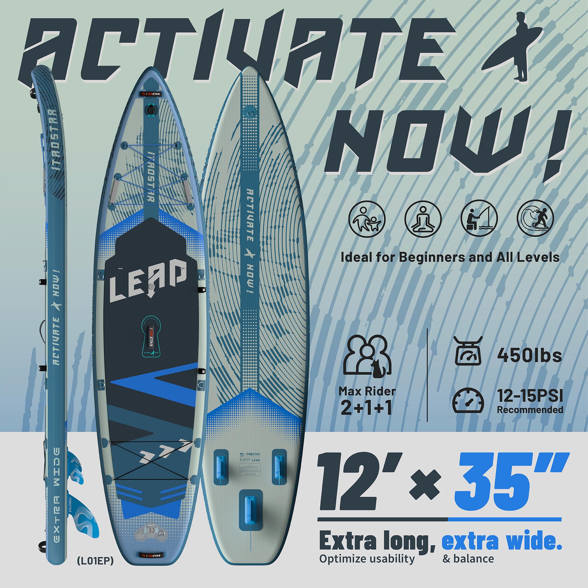 iTAOSTAR Tavola da Paddle Surf Gonfiabile Extra Larga, Kit da Tavola Sup Premium con 5 Pinne – Tavola da Paddle Surf ultra stabile per Adulti e Giovani – Tutti i Livelli di Abilità