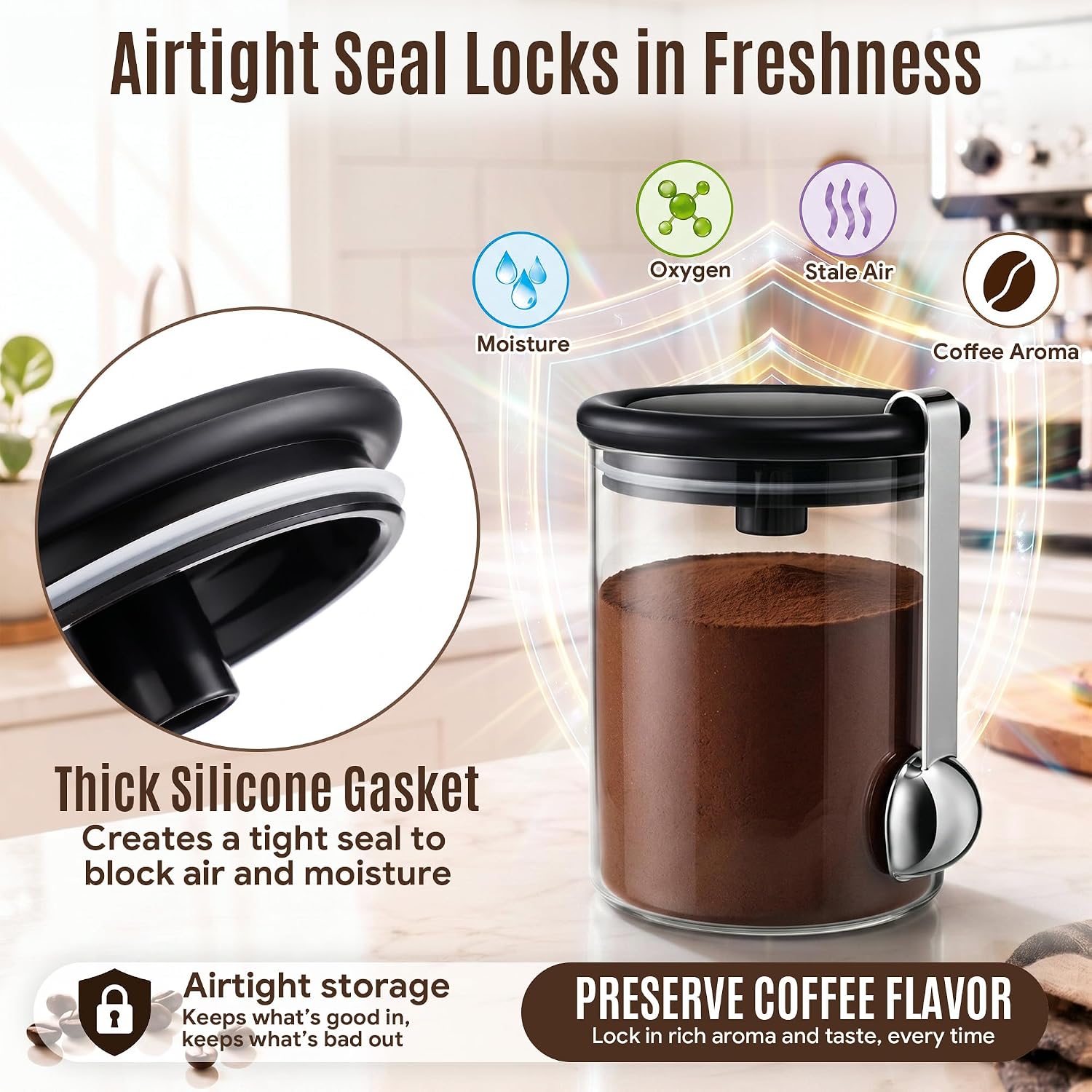 Airtight Coffee Canister Set 8.8oz (250g), Compatible with Bialetti Moka Pot, Glass Smart Coffee Jar with Scoop and Sealed Lid to Preserve the Aroma and Freshness