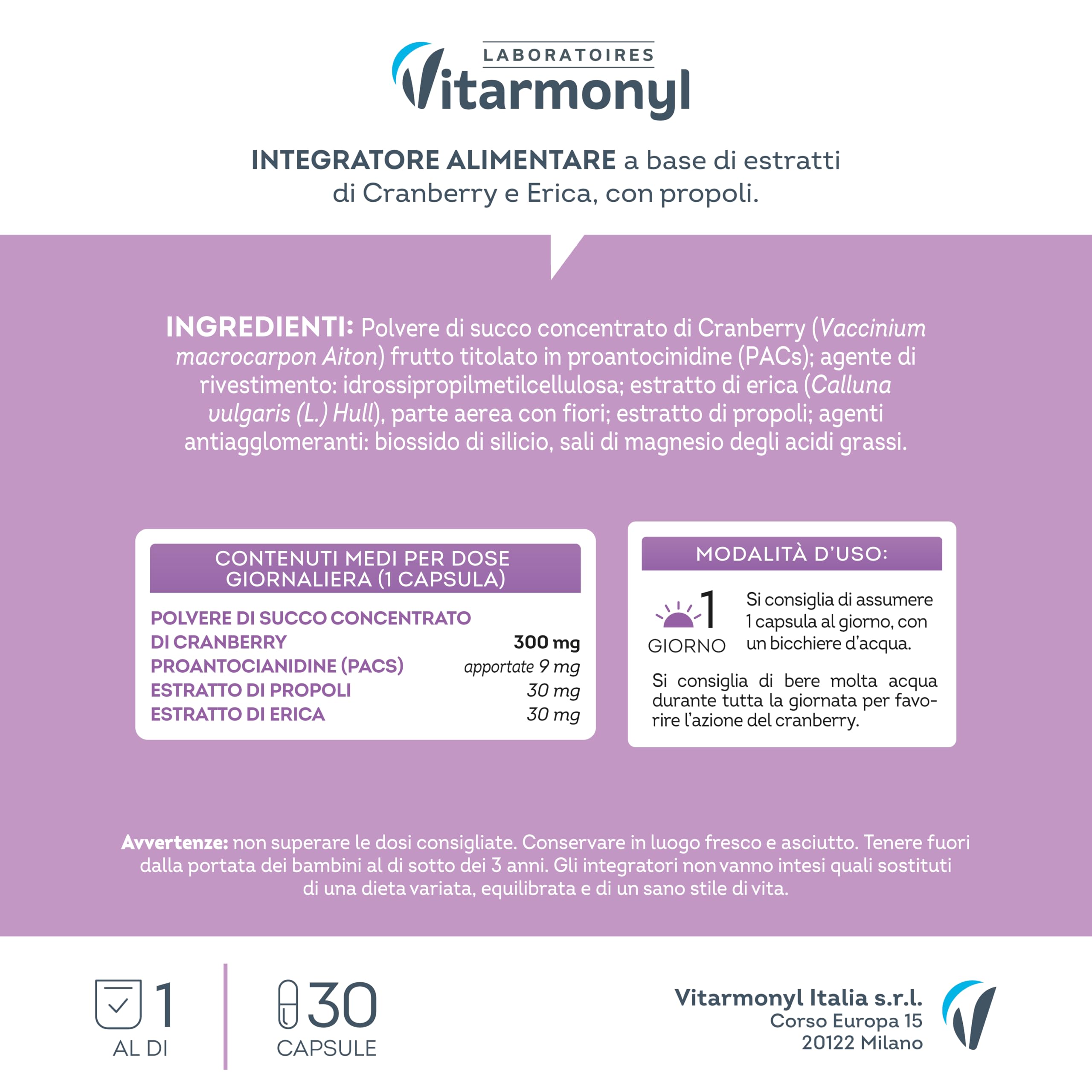 Vitarmonyl Nuova Formula Cranberry - Integratore Benessere Vie Urinarie - Alta Concetrazione in 1 Sola Capsula - Azione Drenante - Mirtillo Rosso e Erica - Cistite - 1 Mese di Trattamento