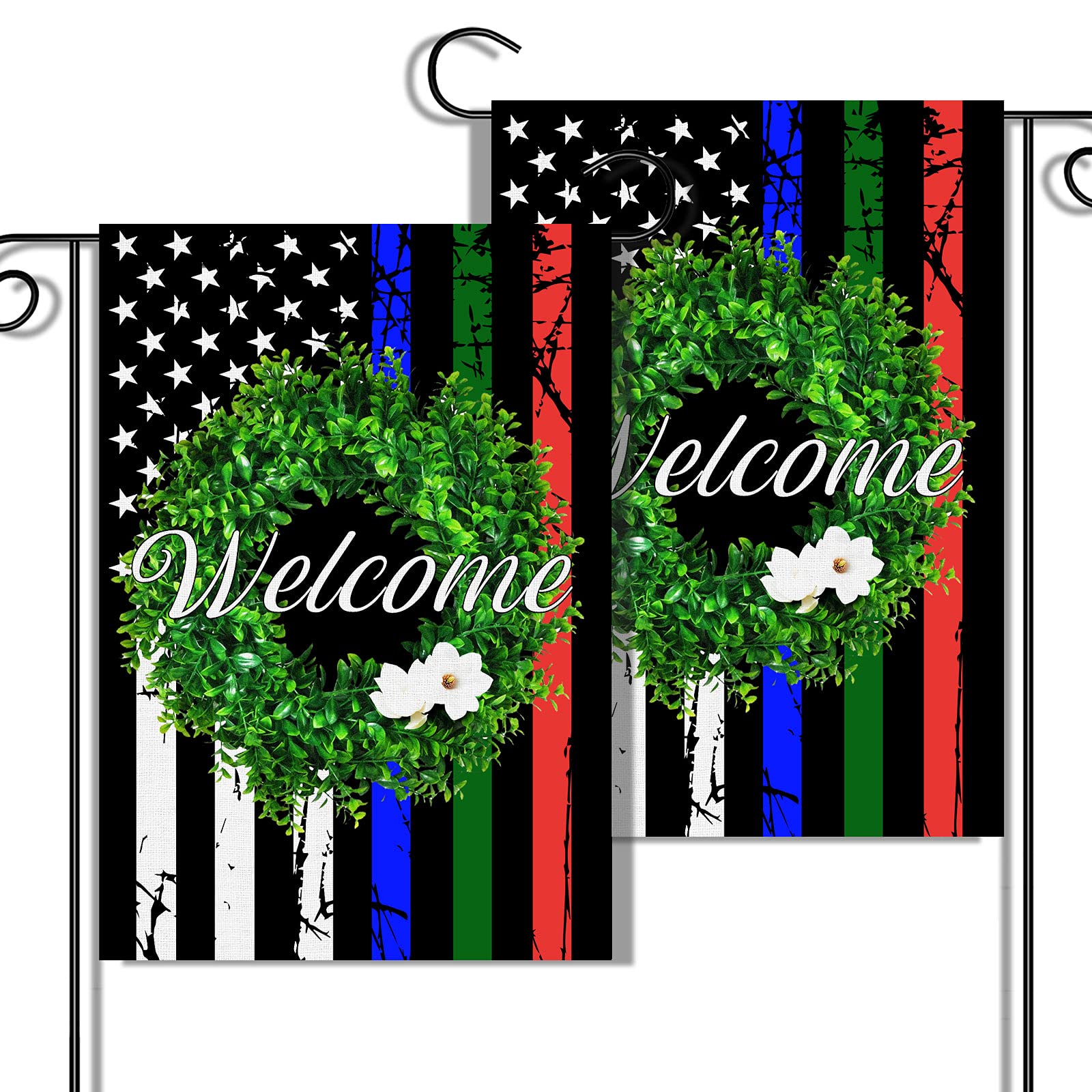 2 Pack Tattered American Flag Garden Flags with Thin Blue Red Green Line, Welcome Wreath USA Patriotic Garden Flags, 12” x 18” Double-Sided T, Support For Police Fire Officers And Military Troops