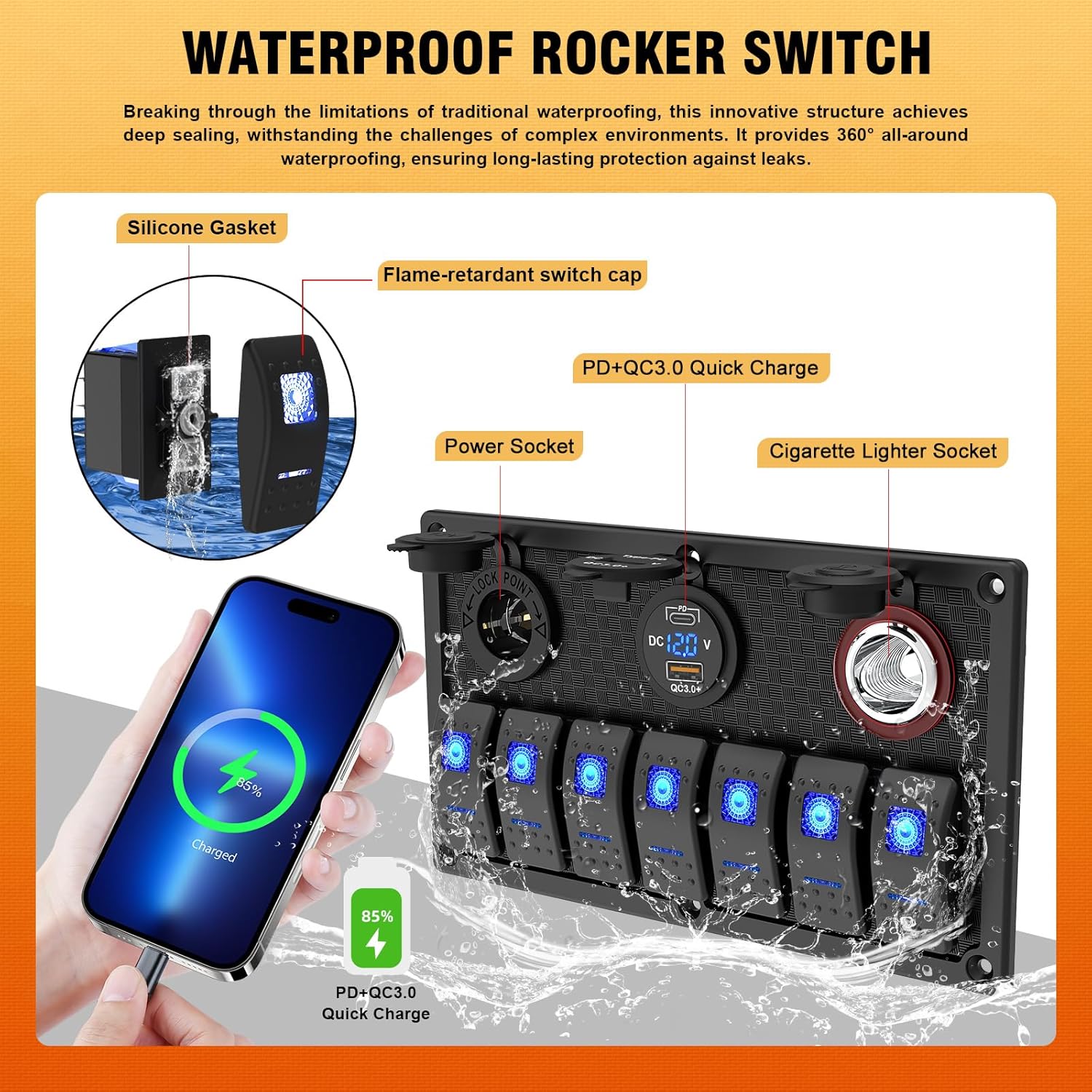 7gang Boat Rocker Switch Panel Waterproof,Marine Rocker Switch Panel 12-24V with Dual USB Charger and Fuse,Compatible 6 Gang Switch Panel Waterproof and Suitable for RV UTV Truck(On/Off Blue LED