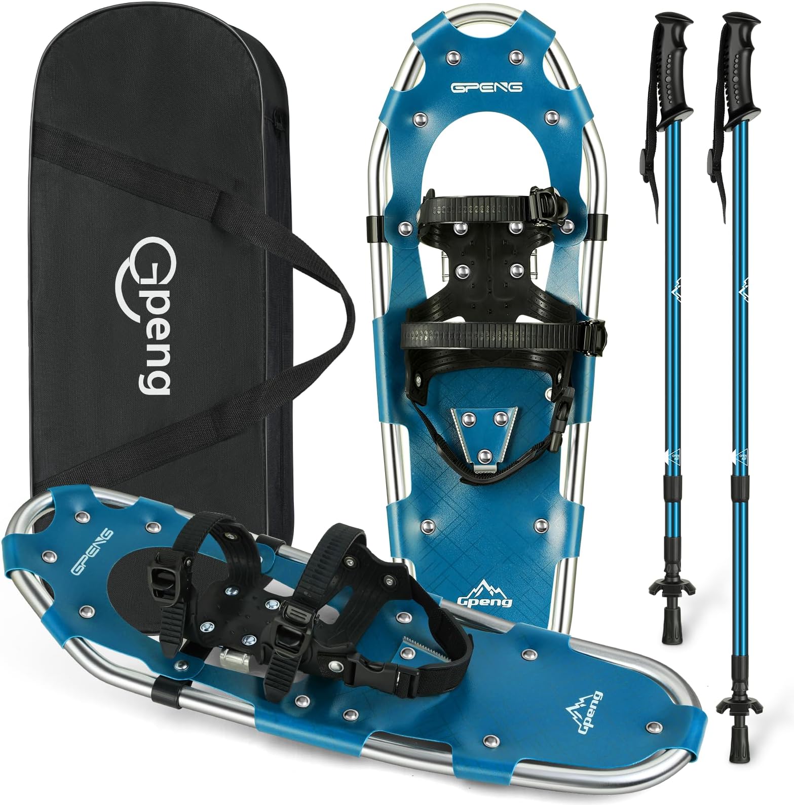 Gpeng Snowshoes for Men Women Youth Kids, Light Weight Aluminum Snow Shoes with Trekking Poles, Crampon Protector and Carrying Tote Bag (Navy Blue, 21 inch)