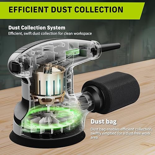 Miniatura 4 de Lijadora orbital de 3.0 amperios (360 W), lijadora orbital aleatoria de 14000 RPM con 6 velocidades variables, kit de lijadora eléctrica de palma de