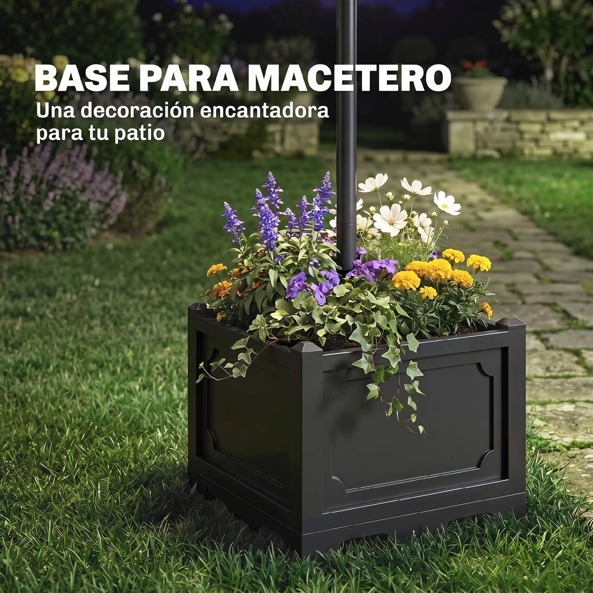 Outsunny Farol Solar de Jardín con 18 Luces LED Blanca Fría 6000K Impermeable IP44 Sensor de Noche y Base de Maceta Farola de Exterior para Camino Terraza Patio 60x55x189 cm Negro