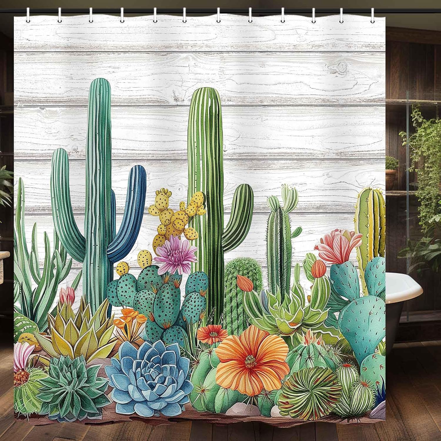 Cactus Shower Curtain, Tropical Plant Green Leaf Succulent Cactus Pink Flowers Rustic Gray Wooden Barn Door Decor Bathroom Waterproof, Farmhouse Fabric Shower Curtain and Hooks Set, 71 X 84 Inch