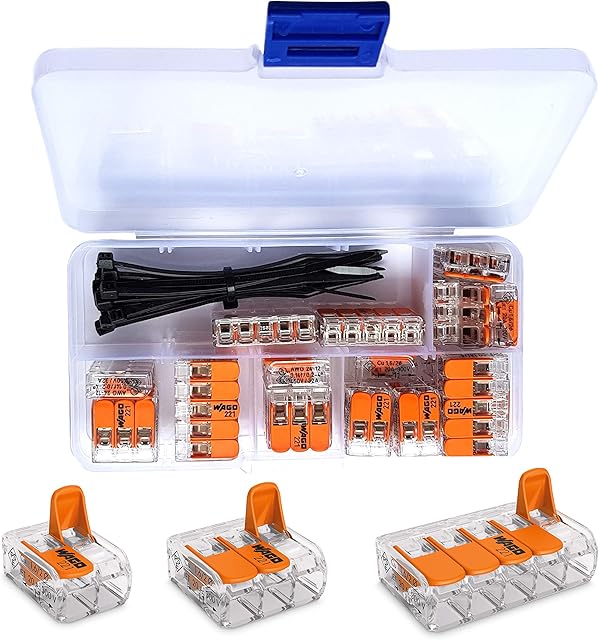 Wago Connectors Set Serie 221 Compact, 25 pieces, 10x 221-412 | 10x 221-413 | 5x 221-415 with intervisio Cable Zip Tie 80mm