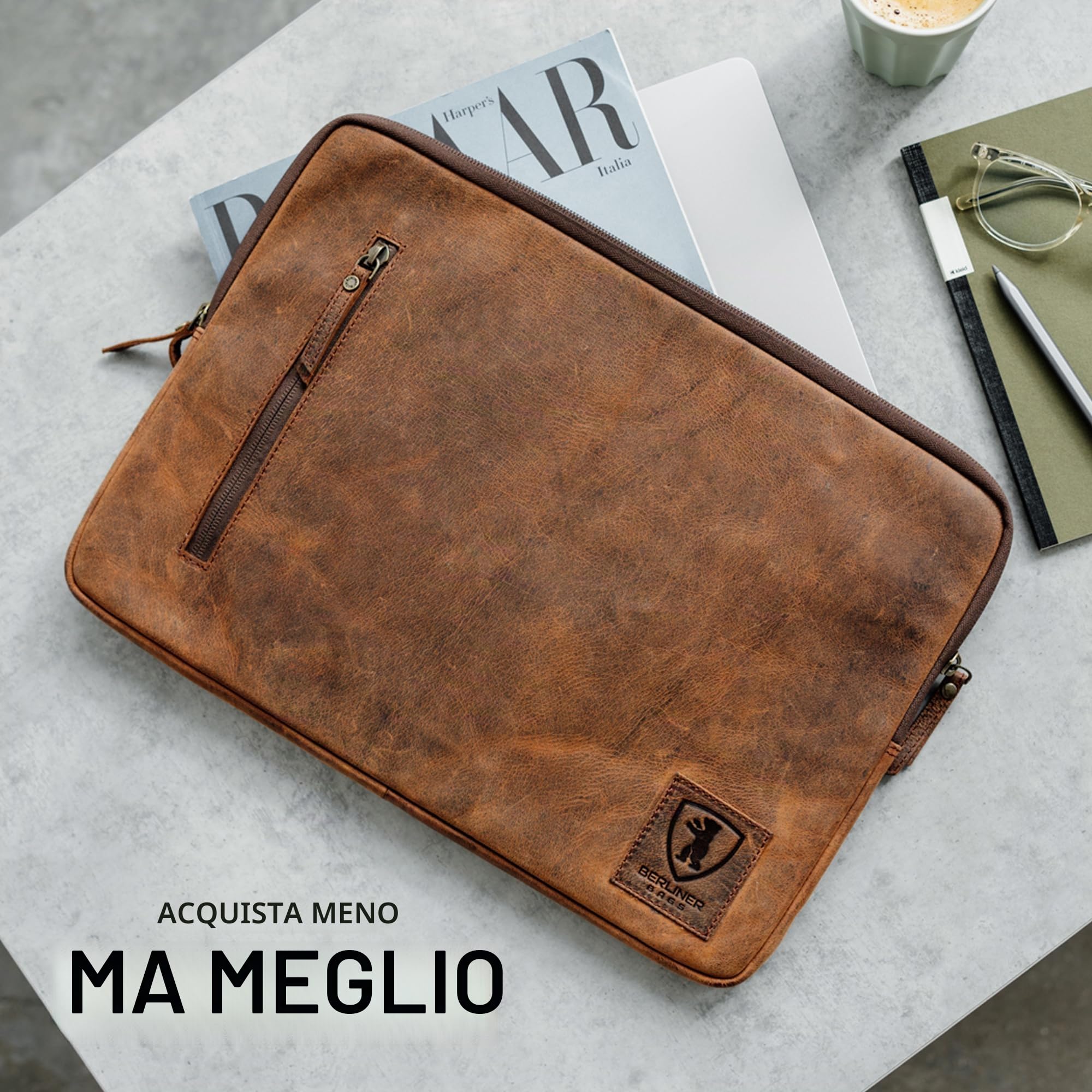 Berliner Bags Custodia per Laptop Nico Pollici in Vera Pelle Bovina, Sleeve Porta Computer con Zip e Tasca Esterna, Unisex – Marrone