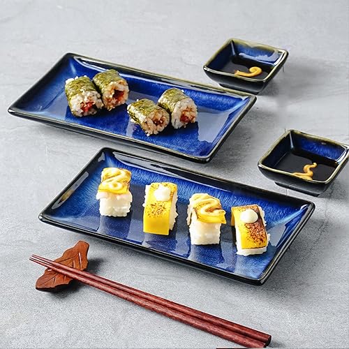 Juego de 2 bandejas de cerámica para servir sushi, juego de 6 platos de porcelana de estilo japonés con platos de salsa de soja, palillos de bambú,