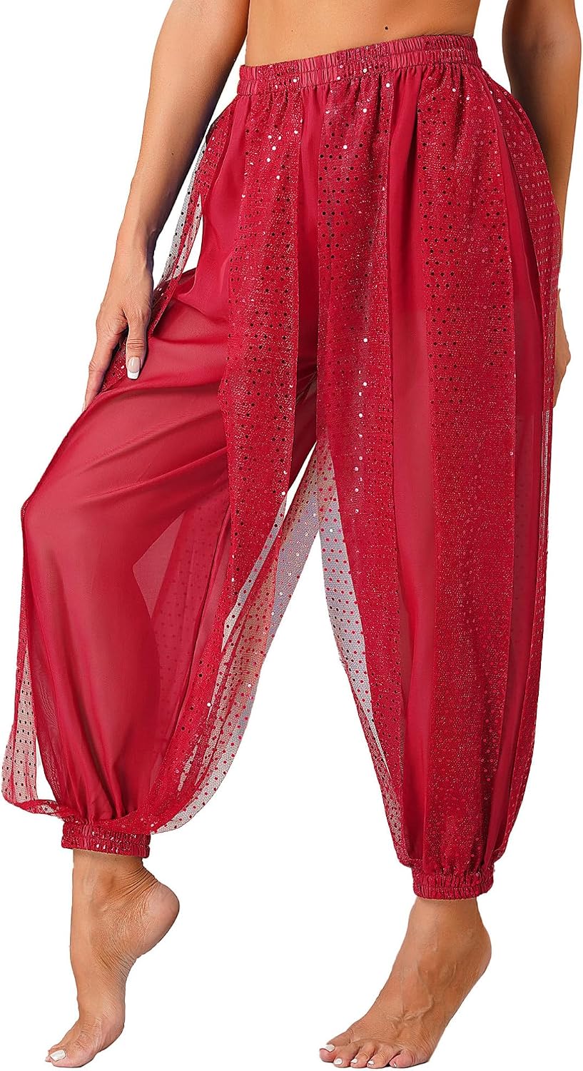 Linjinx Women Ladies Sequins Belly Dance Costumes India Arabian Stage Coins Harem Pants Trousers