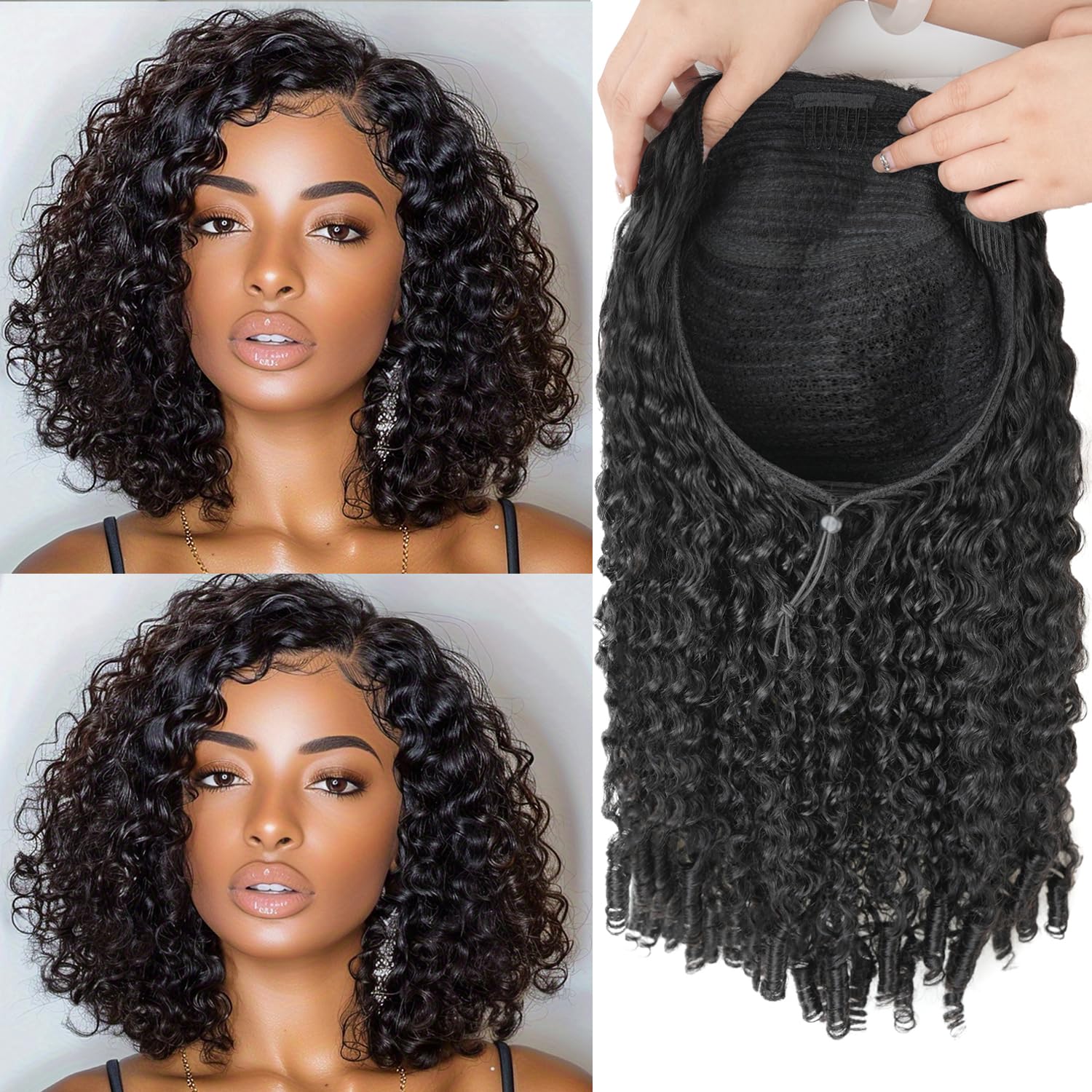 Burmese Curly Half Wigs Human Hair 3 In 1 Curly Flip Over Half Wigs With Drawstring for Women Glueless Wig Human Hair with Spiral End,Water Wave Headband Wig,Beginner Friendly,200% Density (12inch)