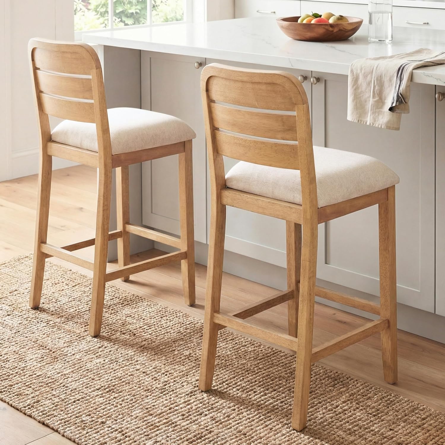 26" Wooden Bar Stools Set of 2, Upholstered Counter Height Bar Stools, Farmhouse Counter Bartools with Foot Rest for Kitchen Island/Breakfast Bar/Home Pub, Chenille Beige