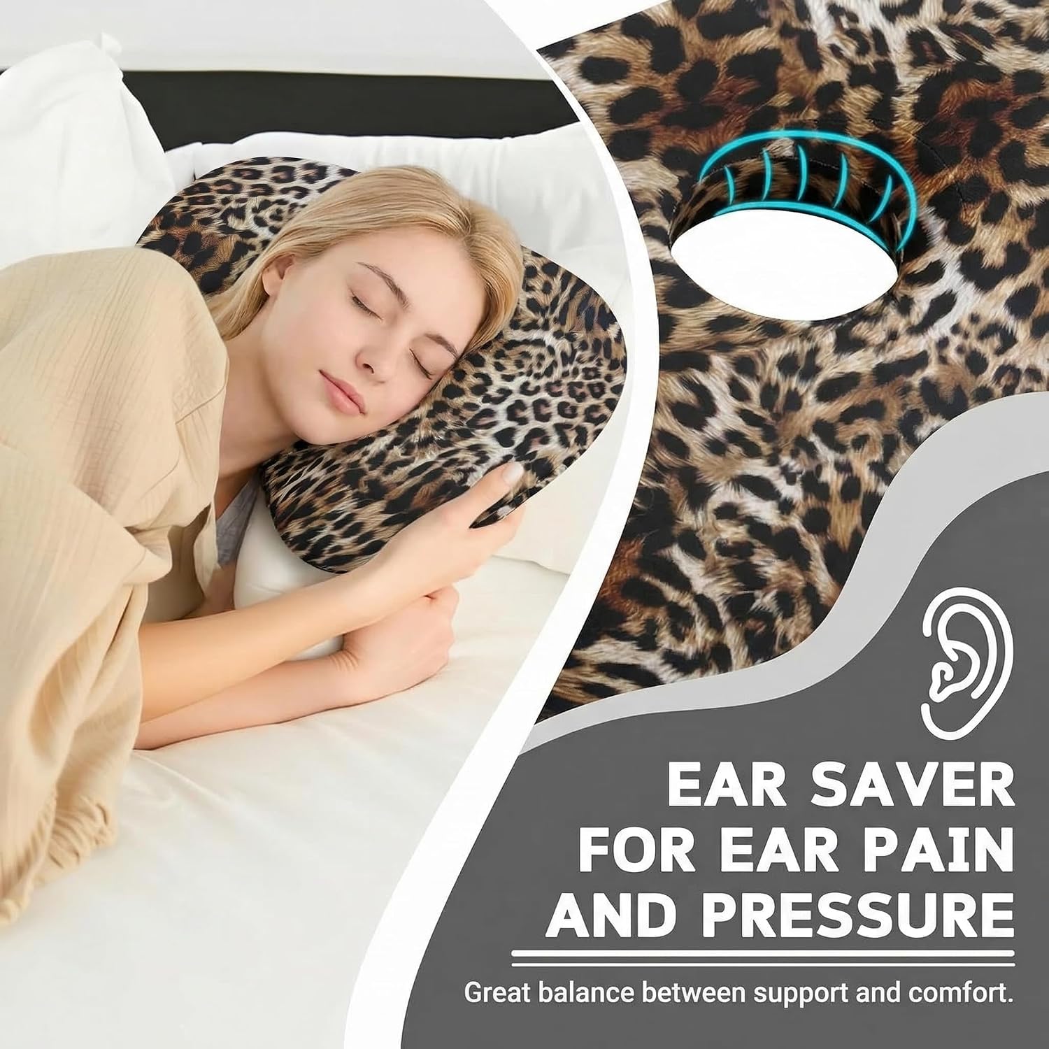 Sanwarm Ear Piercing Pillow for Side Sleepers, Ear Pillow with Hole Adjustable Design for Ear Pressure Comfort Cotton Cover Polyester Filling 17.3 x 12.6 in, Leopard