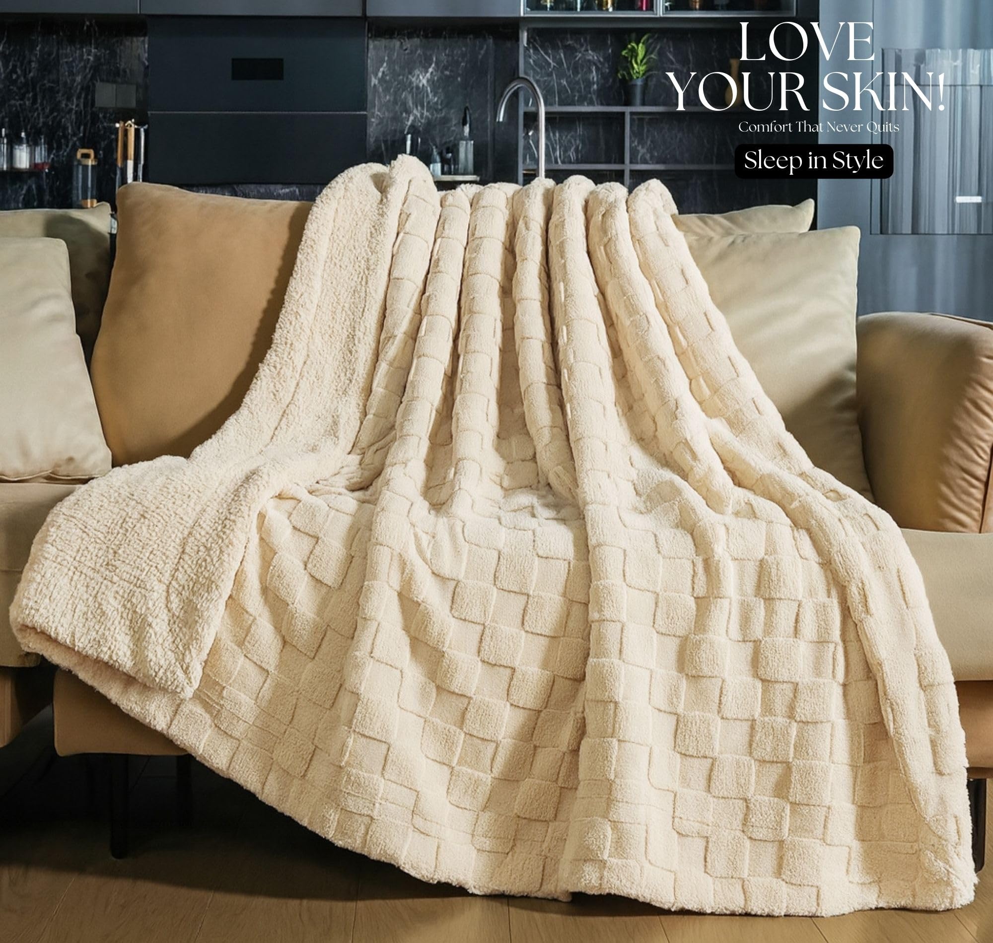 SANMARINO Reversible Sherpa Fleece/Flannel Blanket, 600 GSM – Thick Fluffy 3D Checkered, Super-Soft, Heavy Winter Couch or Bed Blanket (Beige, Single, 2000 g, 56x88 Inches) 2