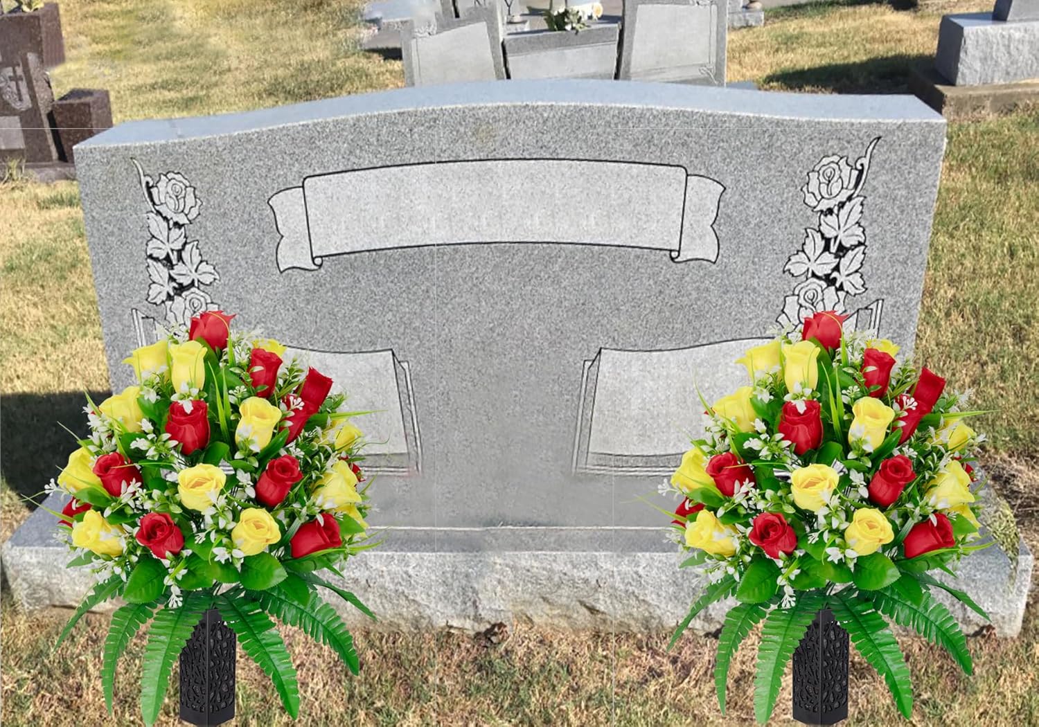 MOOMASS 2 Sets Artificial Cemetery Flowers, Yellow and Red Realistic Roses Bouquet, Outdoor Grave Decorations with Non-Bleed Colors, Accompanied by 2 Long Nail Vases (Yellow+Red)
