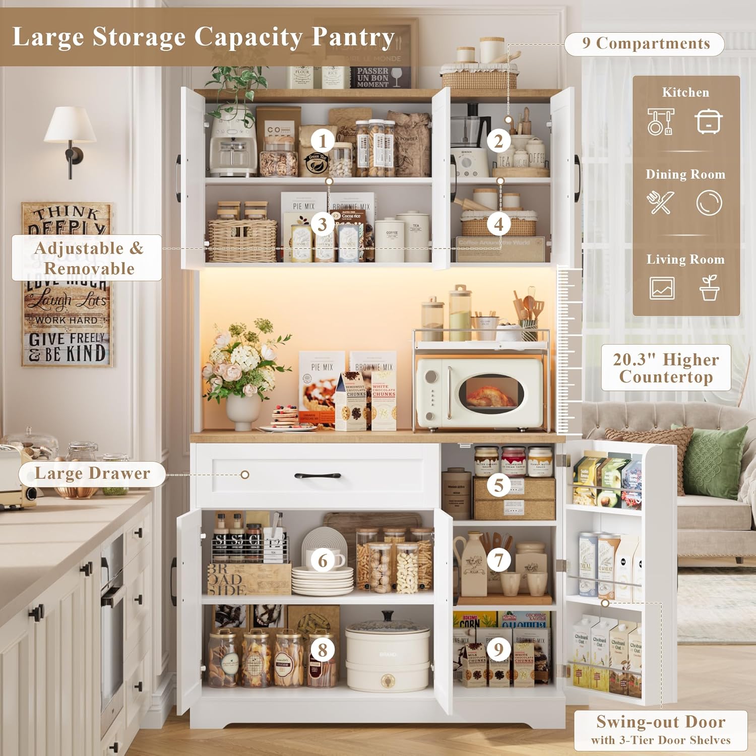 HIFIT 71" LED Pantry Cabinet with Power Outlet, Tall Kitchen Hutch Storage Cabinet with Microwave Stand & 6 Door Shelves, Modern Food Pantry Cabinets with Drawer for Kitchen Dining Living Room, White