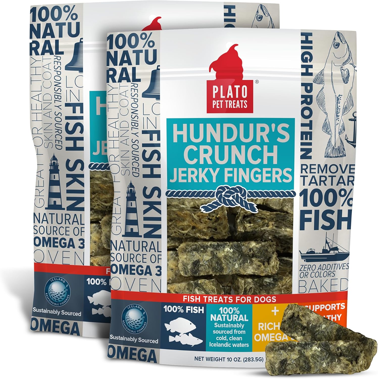 PLATO Pet Treats Fish Dog Treats - Air-Dried, Single Ingredient Dog Treat - with Omega 3 & 6 Fatty Acids to Support Skin and Coat - Cod Fish Skin - Hundur’s Crunch Jerky Fingers - 10 oz - 2 Pack