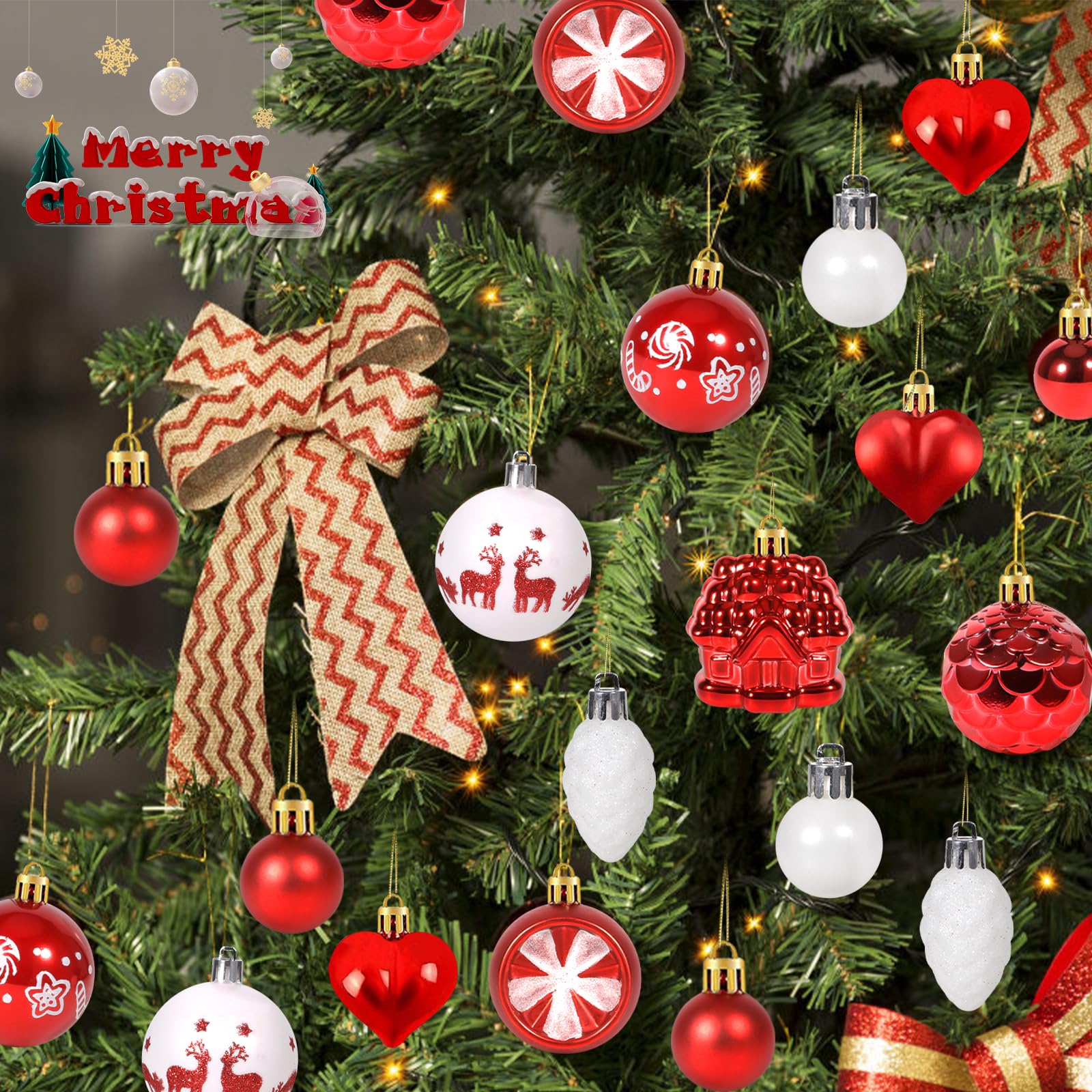 42 Palline Di Natale Rosse E Bianche Per Albero – Set Decorazioni Natalizie Con Stella E Scritte – Addobbi Albero Con Finiture Lucide, Opache E Glitter