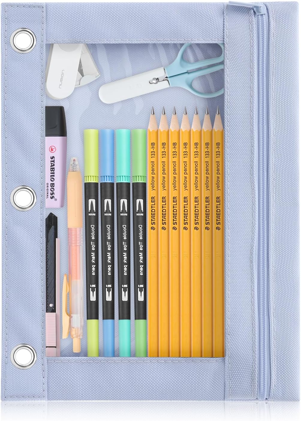 Binder Pencil Pouch for 3 Ring Binder, Clear Pencil Case Box Bag with Zipper, Aesthetic Pen Organizer for School Supplies, Back to School for Girls Boys Kids, 1 Pack, Light Blue