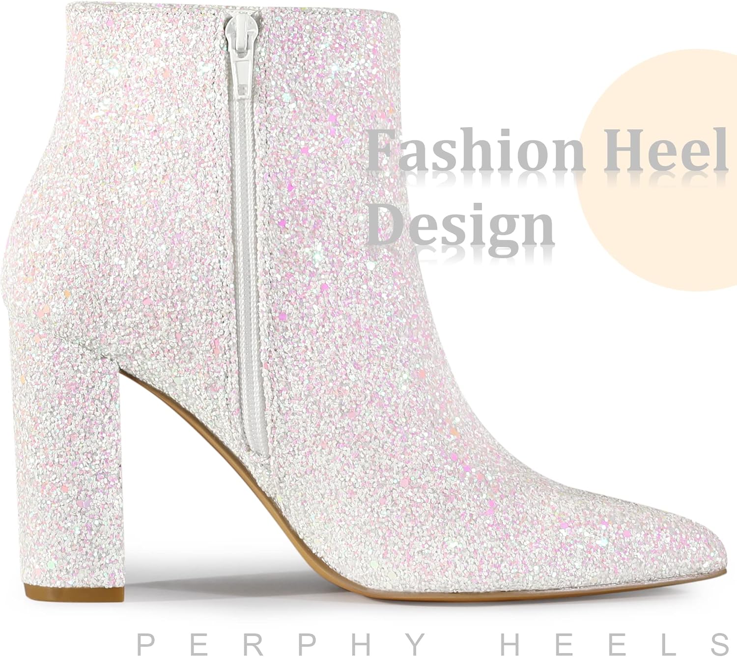 Perphy Glitter Pointed Toe Chunky Heels Sparkly Booties Ankle Boots for Women