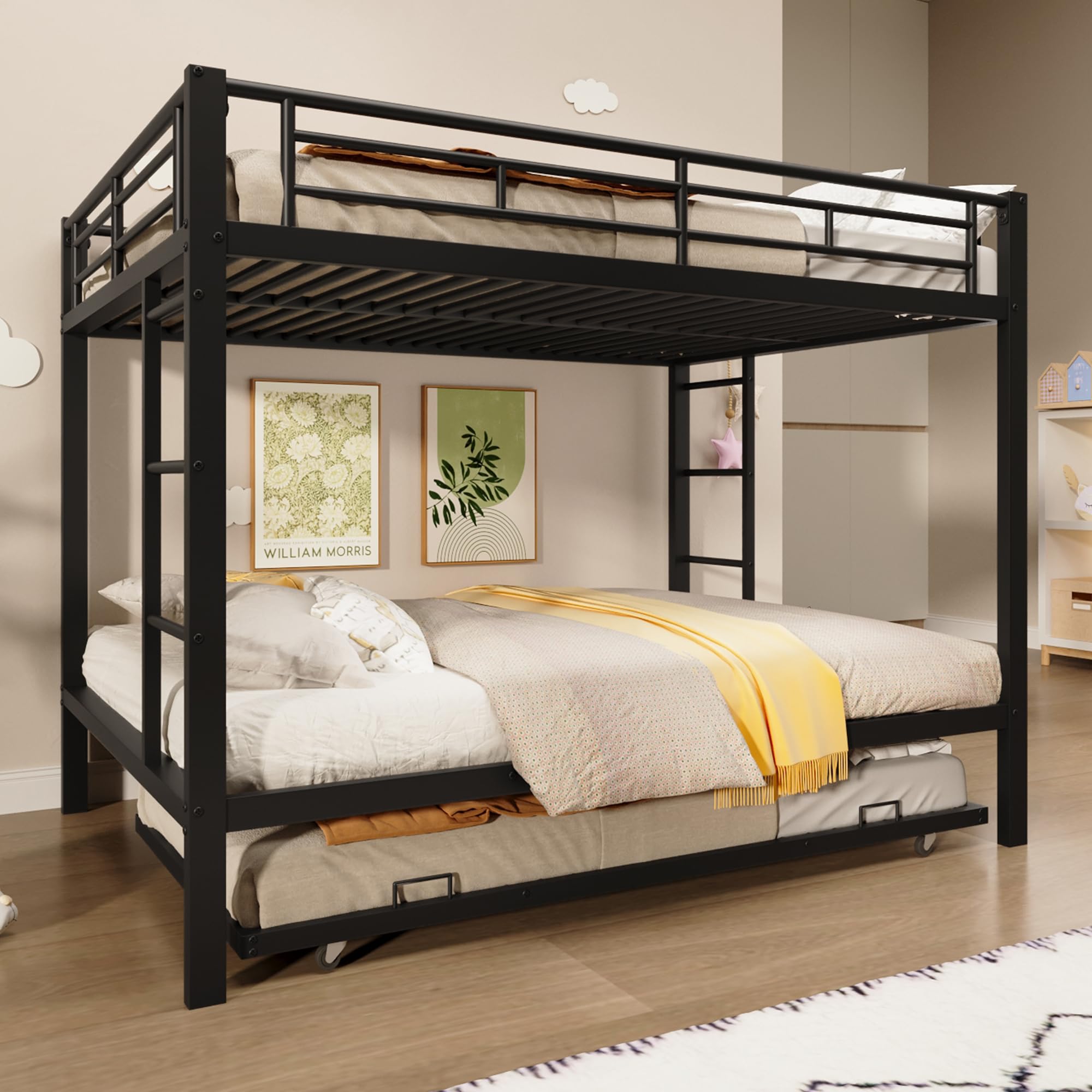 Letto a castello 140x200 cm, con telaio in ferro con sponde laterali e scala di sicurezza, dotato di letto estraibile, per camerette per bambini o dormitori per adulti, senza materasso (nero)