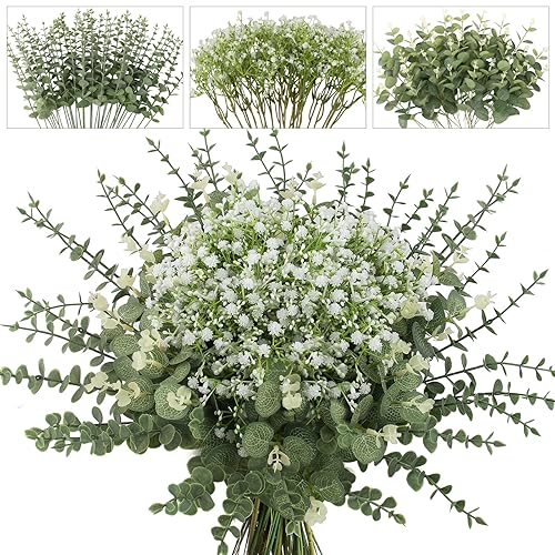 lovemoon Mixed Greenery Artificial Eucalyptus Stems, Baby Breath Artificial Flowers