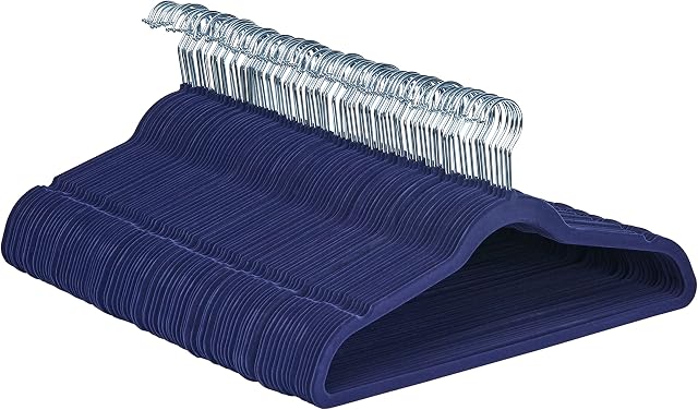 Amazon Basics Slim, Velvet Non-Slip Suit Clothes Hangers, Navy Blue/Silver  Pack of 100
