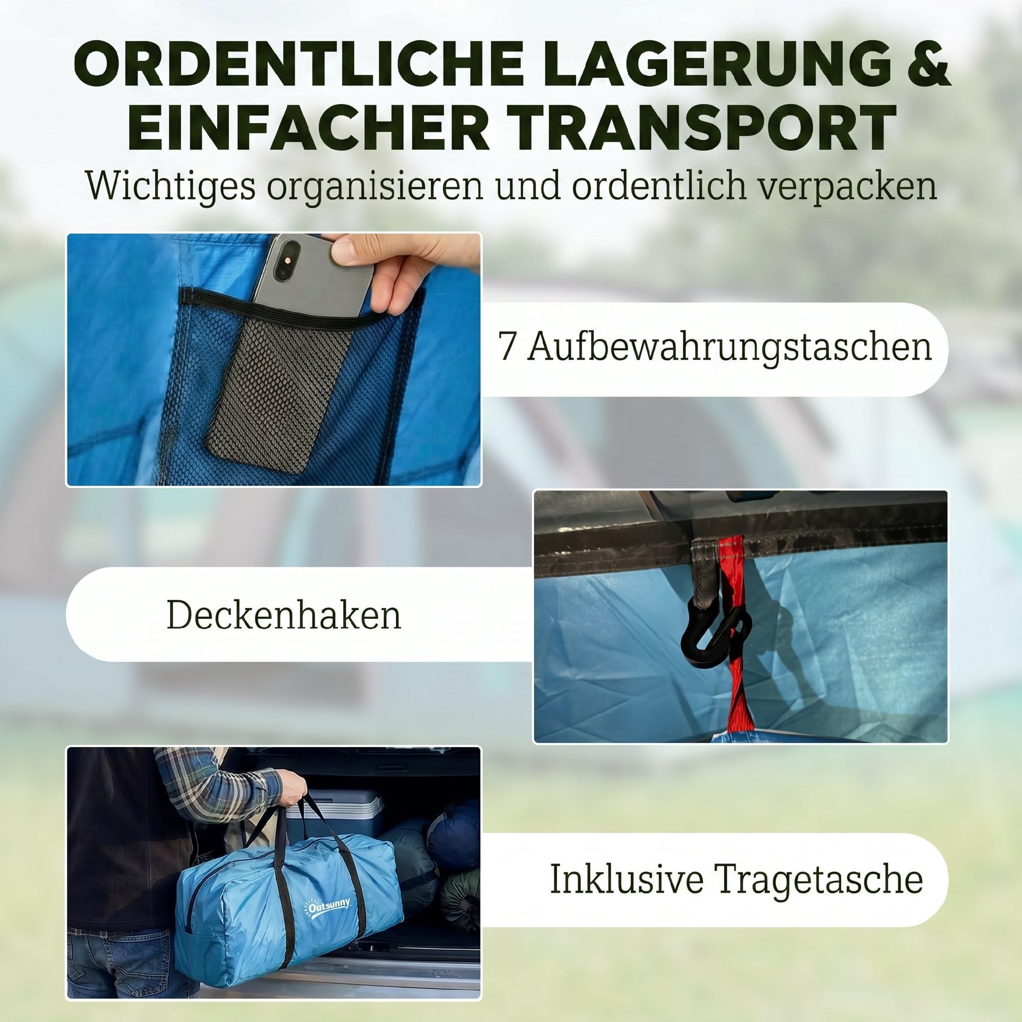 Outsunny Tunnelzelt Schlafkabine 3000 mm Wassersäule Himmelblau+Grau | 4 Personen Familienzelt, Vorzelt, Abnehmbare Trennwand, Fenstern, Bodenplane, Stehhöhe, Wasserdicht, Tragetasche