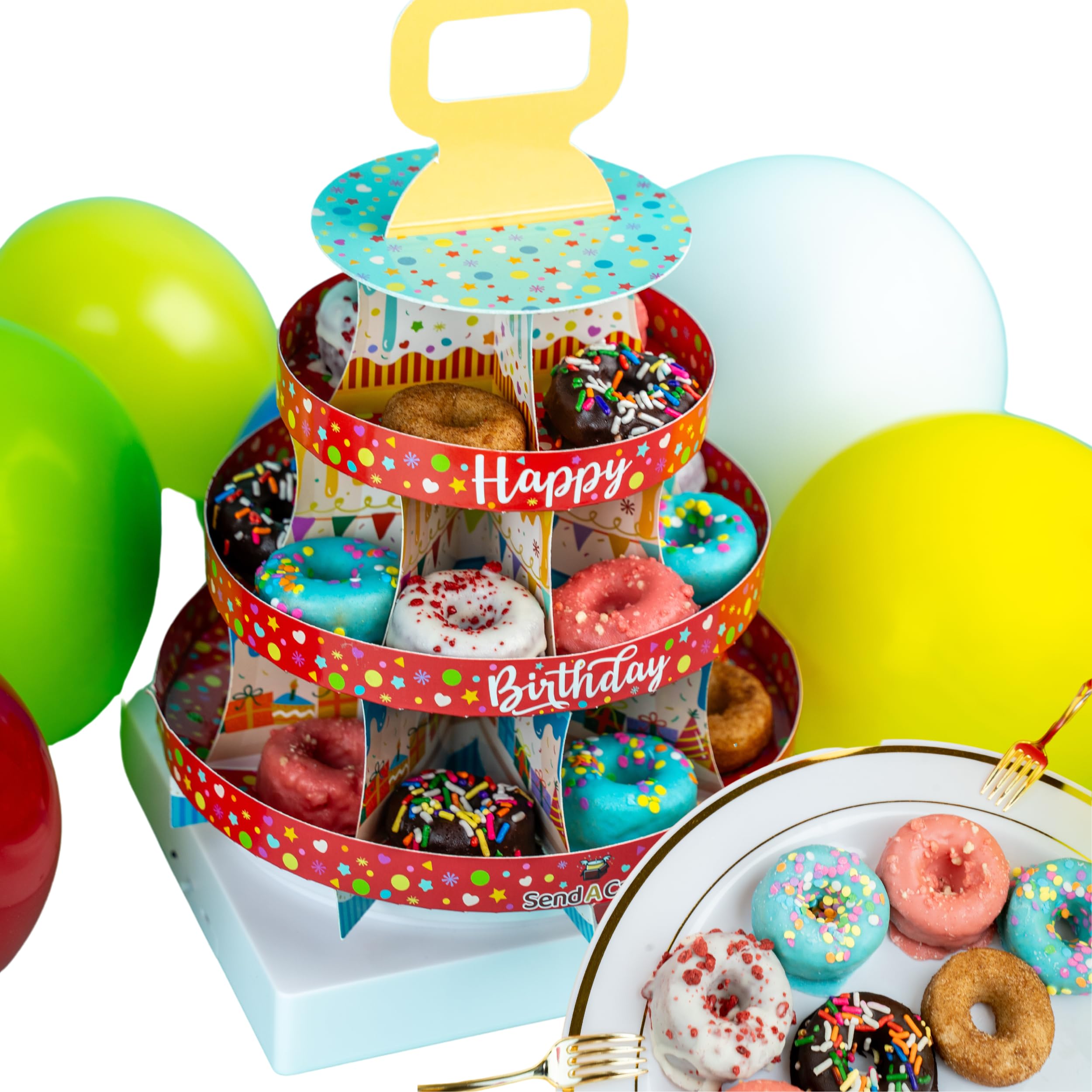 SendaCake Happy Birthday Donut Tower, Ready to Gift, No Assembly Required with Birthday Spinning Music - 20 Individually Wrapped Mini Cake Donuts - Birthday, Holiday, Special Occasion – Birthday Gift for Women, Men, Adults, Kids