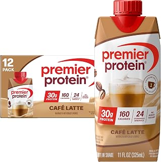 Premier Protein Café Latte Shake: 30g Protein, Caffeine Energy Boost, 1g Sugar, 24 Vitamins for Immunity - 11oz 12pk