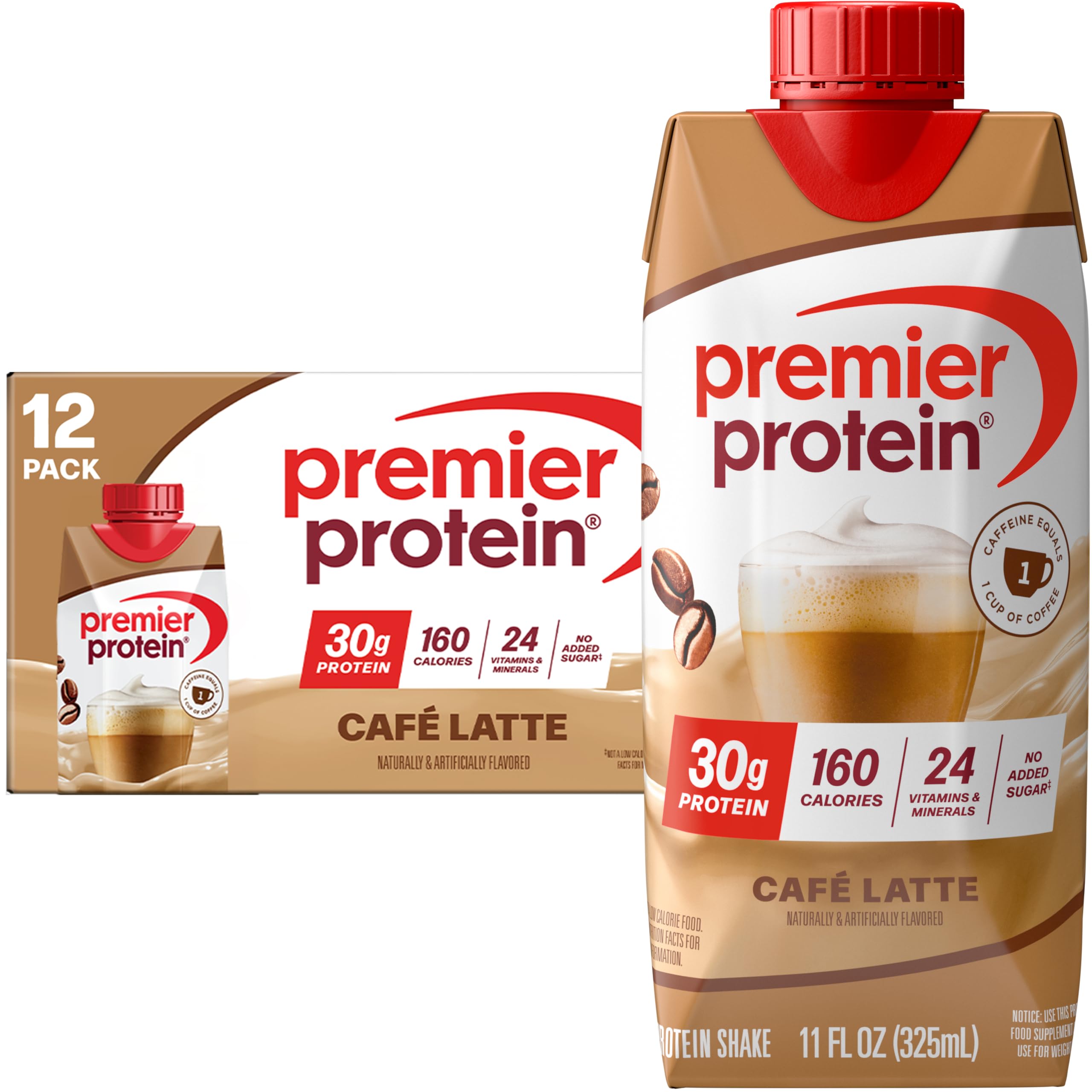 Premier Protein Protein Shake, Cafe Latte, 30g Protein, 1g Sugar, 11 fl oz Pack of 12