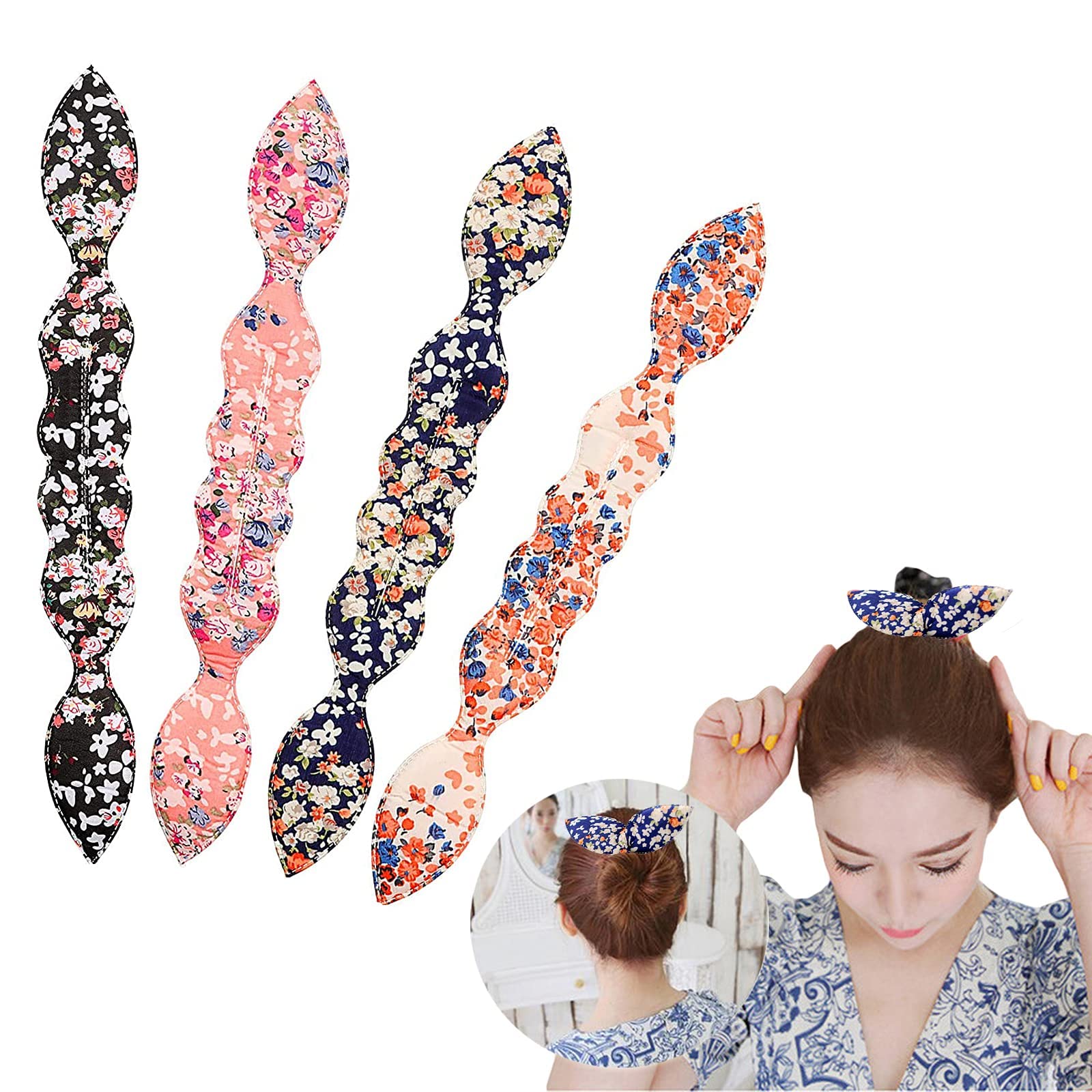 Hair Bun Maker, 4 Pcs Bun Magic Rabbit Ear Sponge Foam Donut Holder Carlin Twist Hair, Styling Curl Bun Maker Flexible Reusable Bun Crown Twister (Broken flower style)