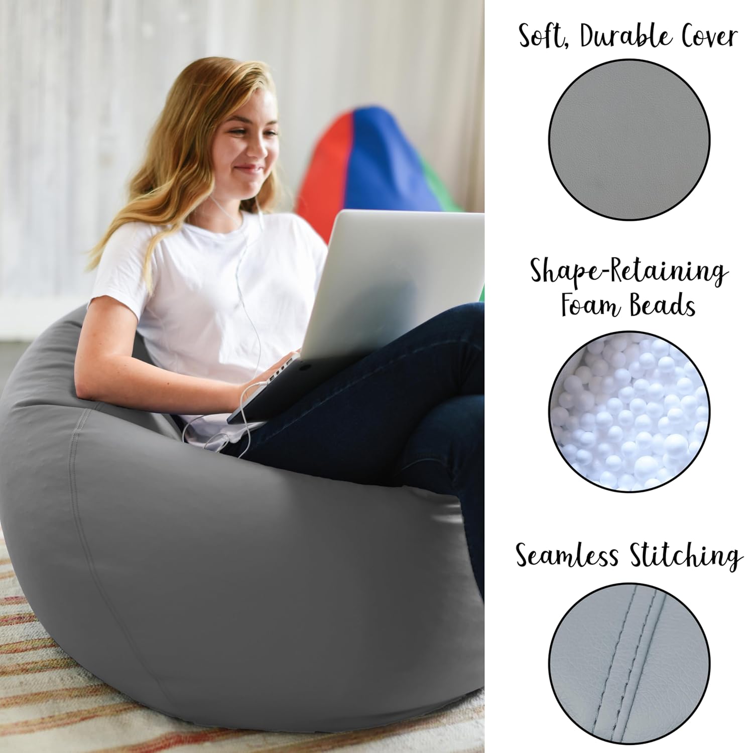 FDP SoftScape Classic 35" Standard Bean Bag Chair, Furniture for Kids, Perfect for Reading, Playing Video Games or Relaxing, Alternative Seating for Classrooms, Daycares, Libraries or Home - Gray