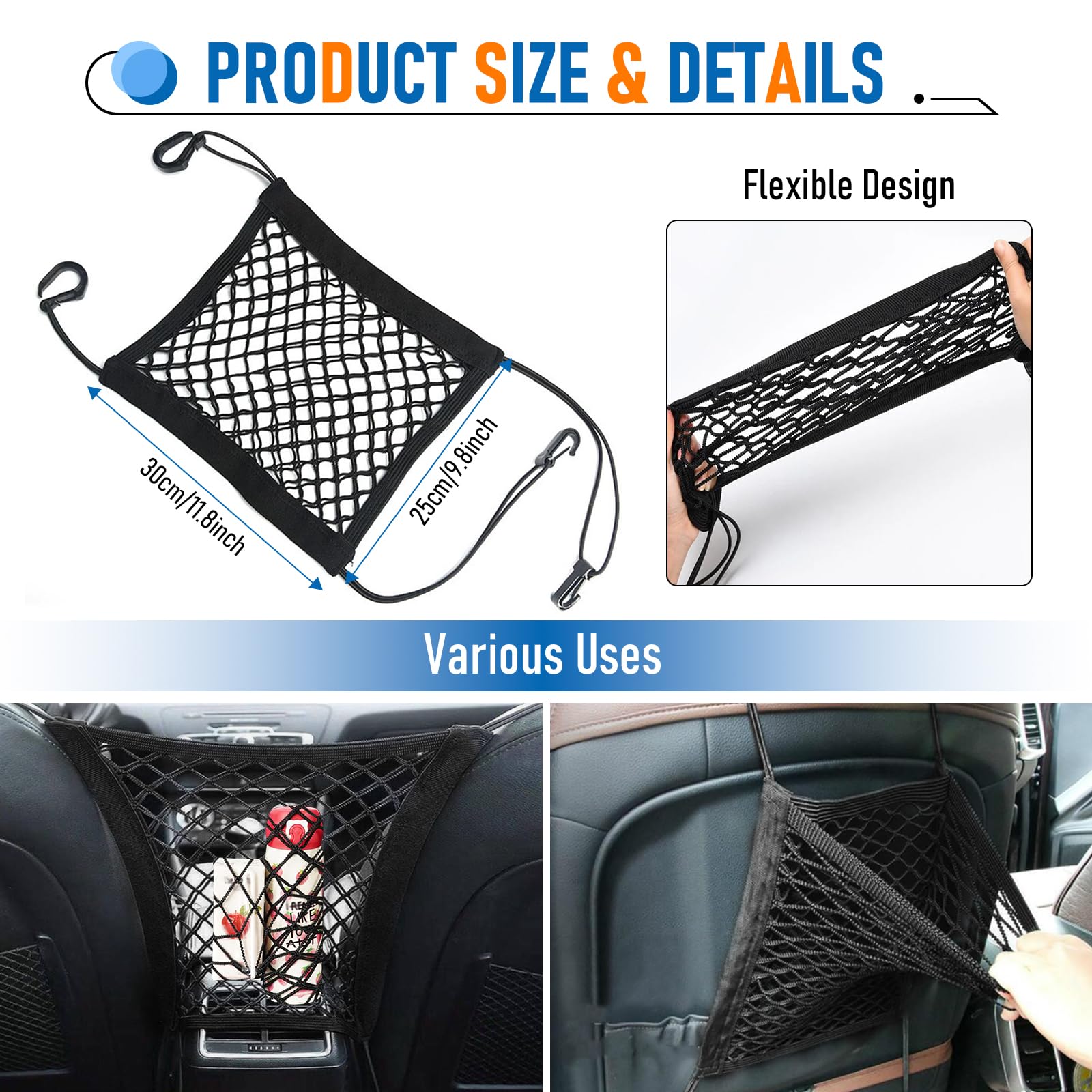 Filet à bagages pour voiture, 90x65cm Filet de toit pour voiture à l'intérieur et filet de siège gratuit, renforcement en forme de X, filet de rangement pour camping-car, SUV, fourgon, Jeeps