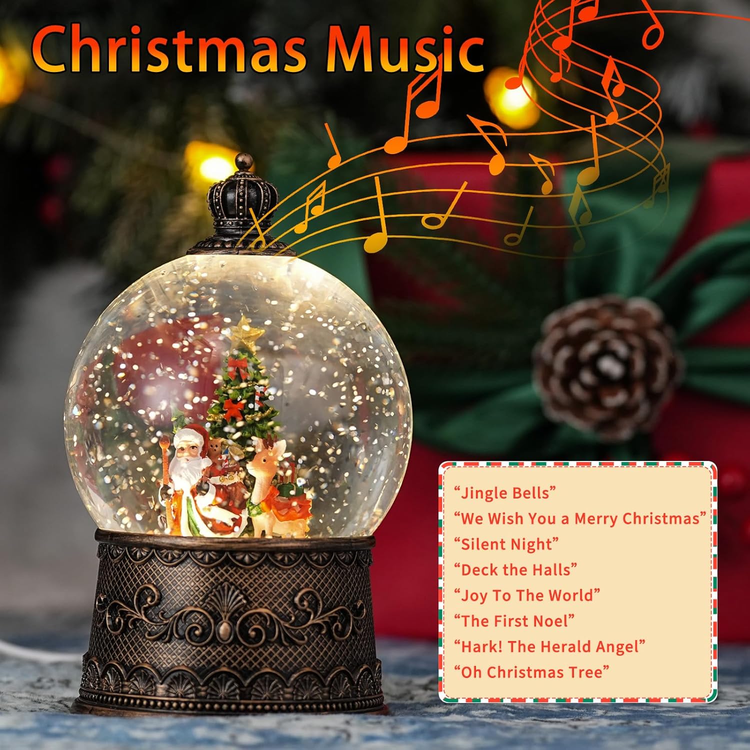 Snow Globe with Santa with Reindeer, Light Up Christmas Snow Globes with Music Timer - USB Plug or Battery Operated Glitter Globe Indoor Christmas Decorations - Image 3