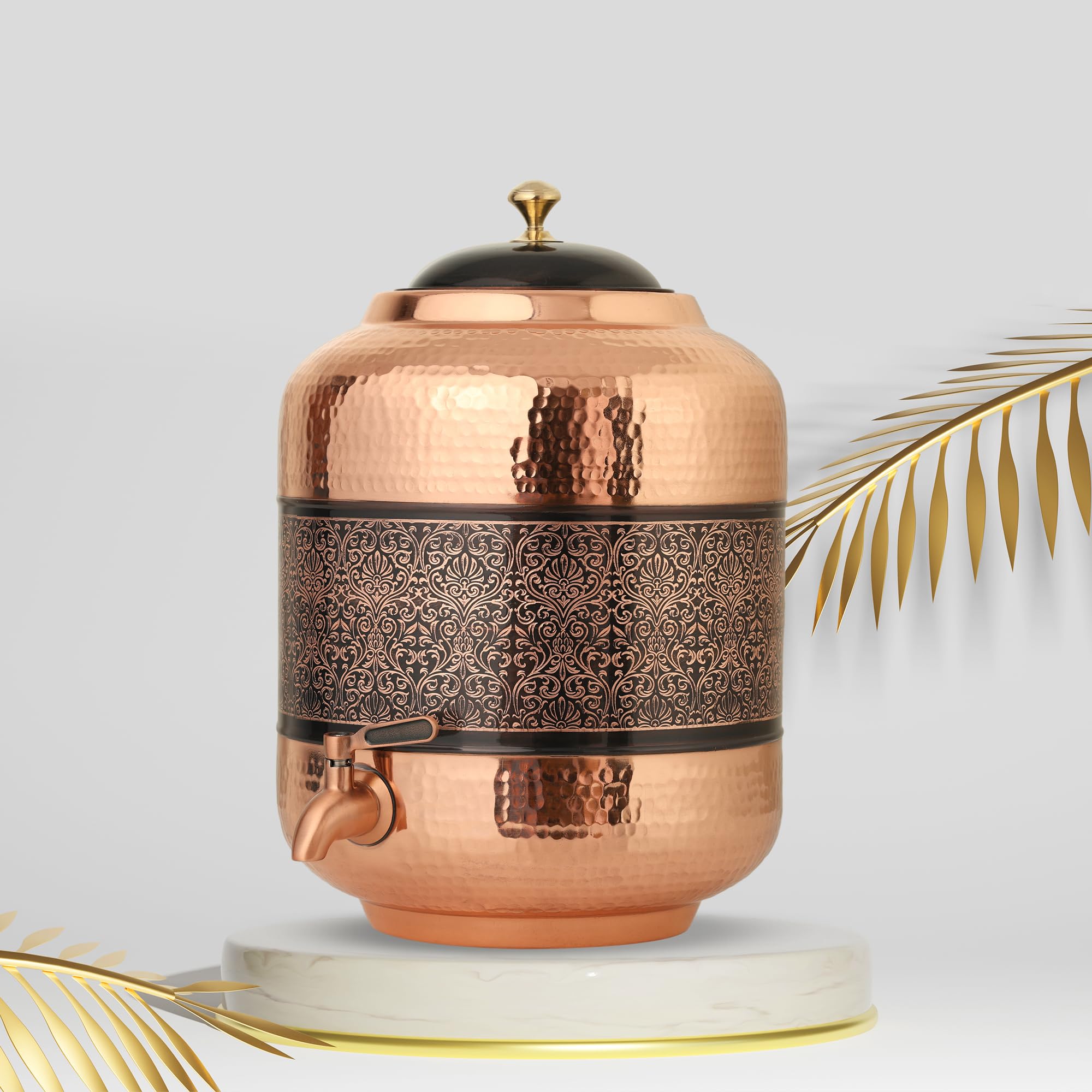 Decorative India Copper Hammer Carving Water Dispenser Matka Vessels Container Pot with Stainless Steel Tap 11 Litre Ayurvedic Health Benefits Yoga (Copper Antique Glossy Finish)