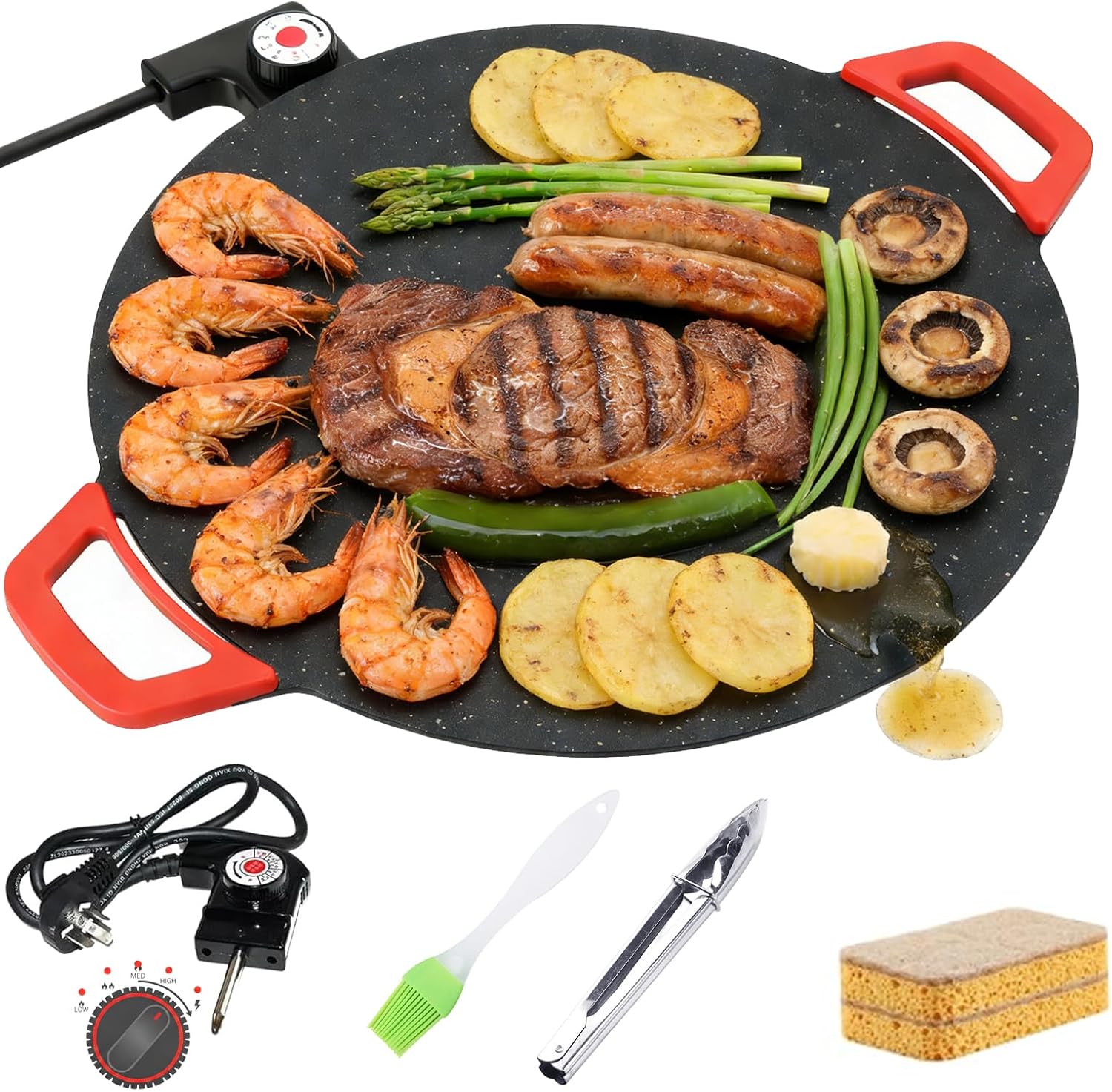 Indoor Smokeless Electric Griddle: 1000W Fast Heating Indoor Grill with 11/14/16" Nonstick Surface, Adjustable Temp Control, Easy to Clean for Steak, Pancake & BBQ (15.7in)