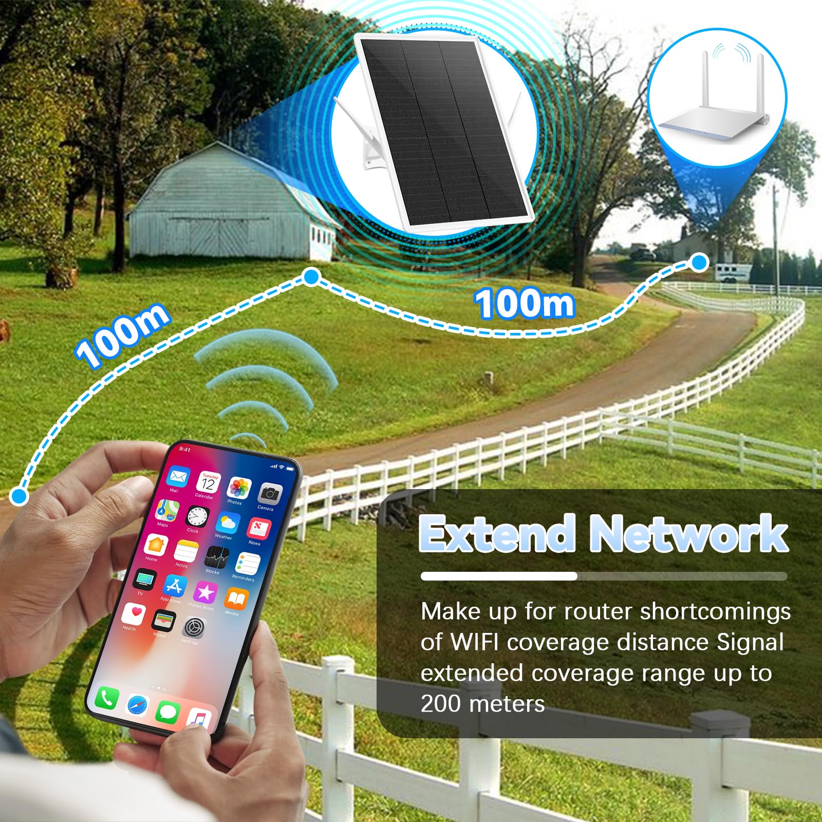 WLAN Verstärker Repeater Aussen Akku Solar, Wi-Fi Booster WiFi Range | Extender Reichweite bis zu 100 m, 2,4-GHz-WLAN-Repeater mit 300 Mbit/s, WIFI-Zugangspunkt Kompatibel 2.4Ghz Geräten