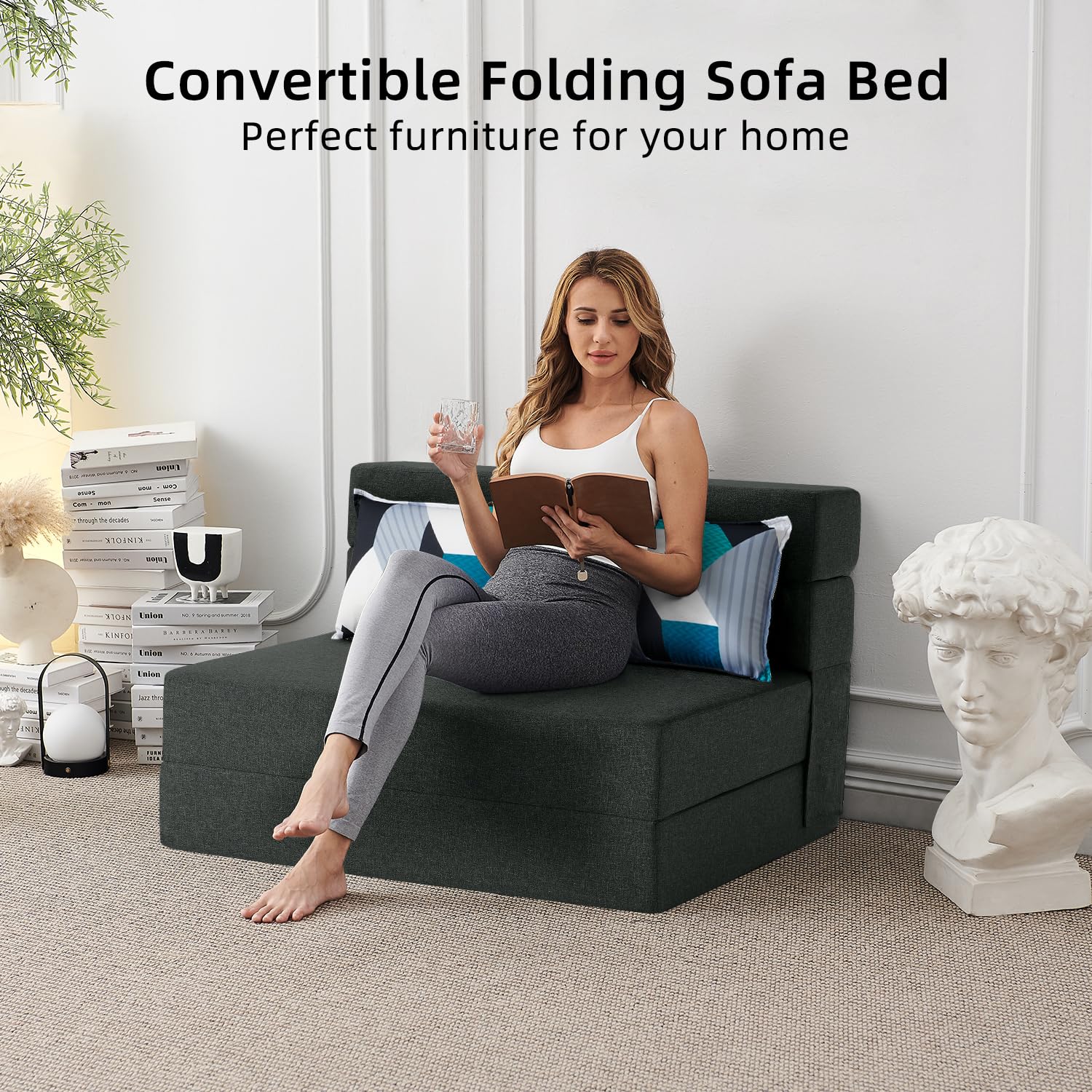 FILUXE Convertible Folding Sofa Bed - Sleeper Chair with Pillow, Modern Linen Fabric Floor & Futon Couch, Foldable Mattress for Living Room/Dorm/Guest Use/Home Office/Apartment, Queen Size, Dark Gray: FILUXE Convertible Folding Sofa Bed-Sleeper Chair with Color Pillow, Modern Linen Fabric Floor Futon Couch, Foldable Mattress for Living Room/Dorm/Guest Use/Home Office/Apartment, Standard