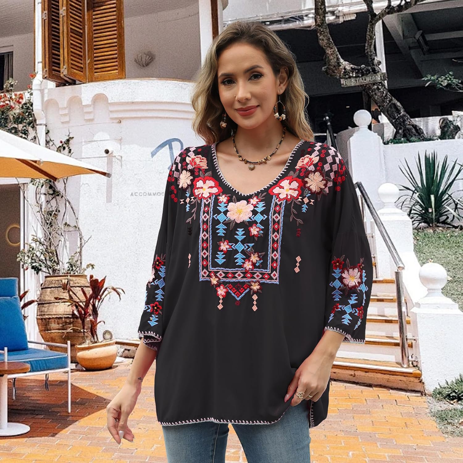 AK Women's Mexican Embroidered Tops 3/4 Sleeve Boho Hippie Plus Size Shirts for Ladies Casual Loose Peasant Blouse - Image 6