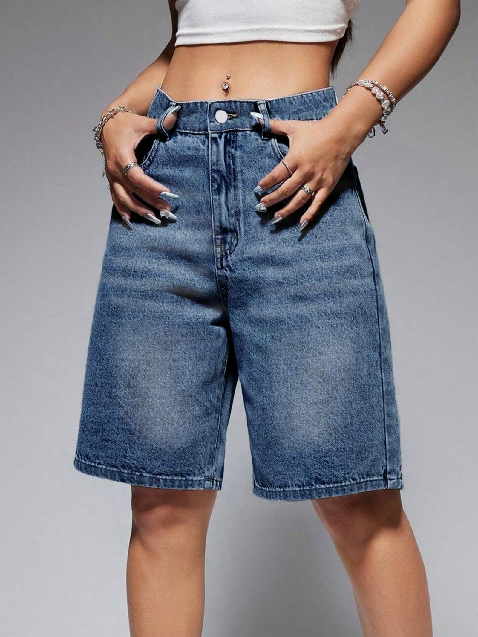 EMMIOL Women's Baggy Jeans Shorts, Mid-Low Waist, Stretch Denim, Summer Shorts