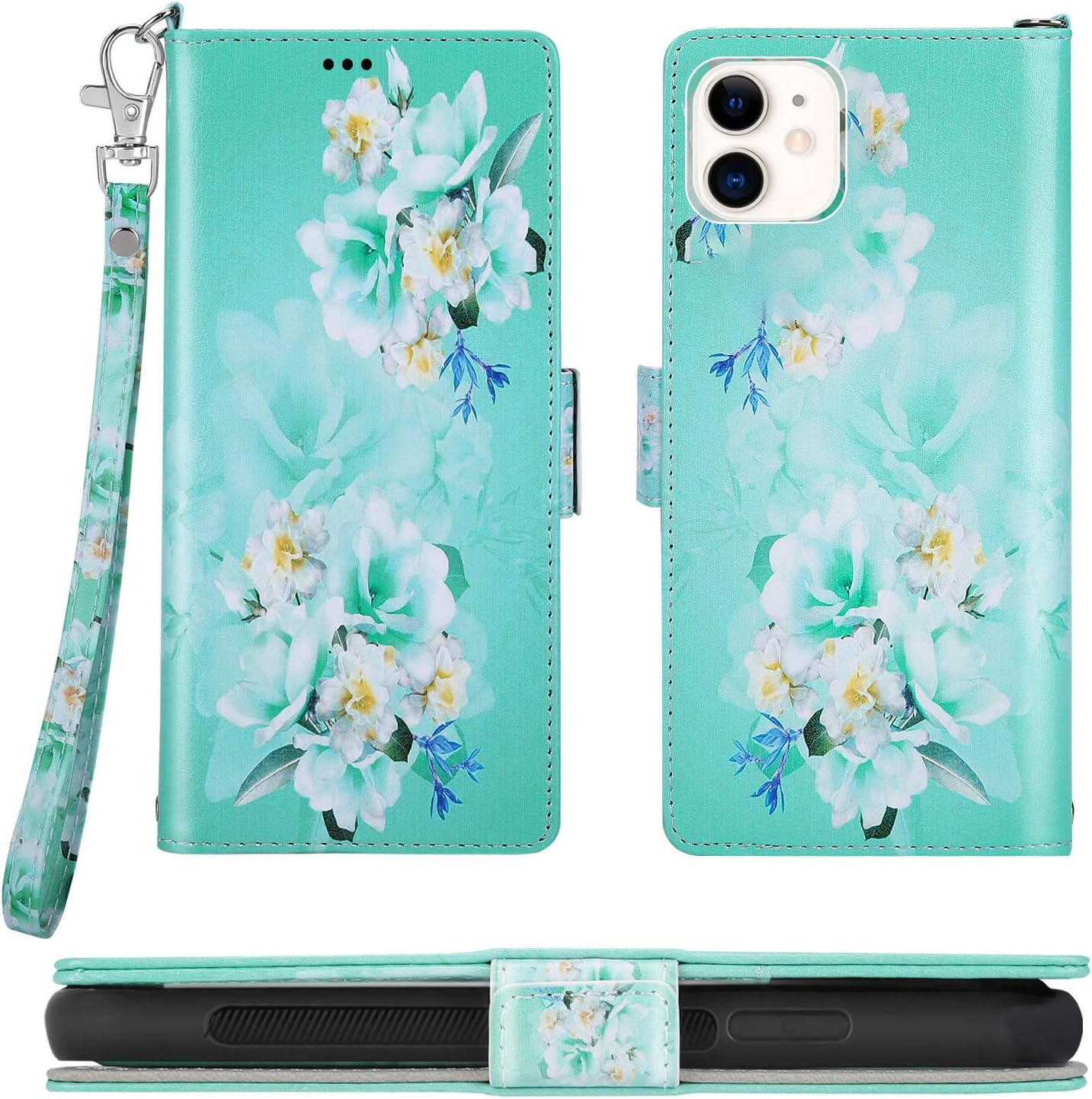 Casetego Compatible iPhone 11 Case,Detachable Magnetic Wallet Case PU Leather Full Body Protective Case with Credit Card Holders, Wrist Strap for Apple iPhone 11 6.1 inch,Green/White